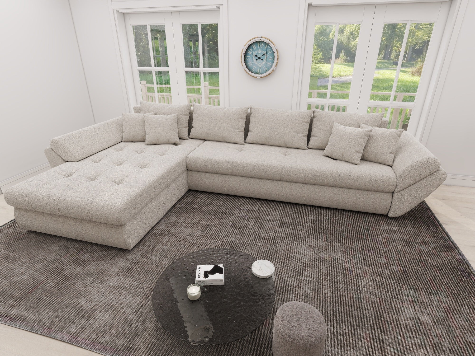 Colțar extensibil dumonde cu ladă de depozitare si sezut confortabil din spuma high-density, Loana XL Monte Bej 335x185 cm
