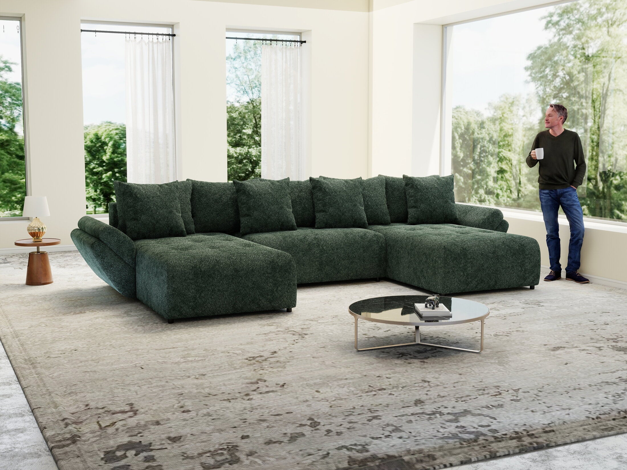 Colțar extensibil dumonde cu ladă de depozitare si sezut confortabil din spuma high-density, Berlin U Euphoria Verde 380x180 cm