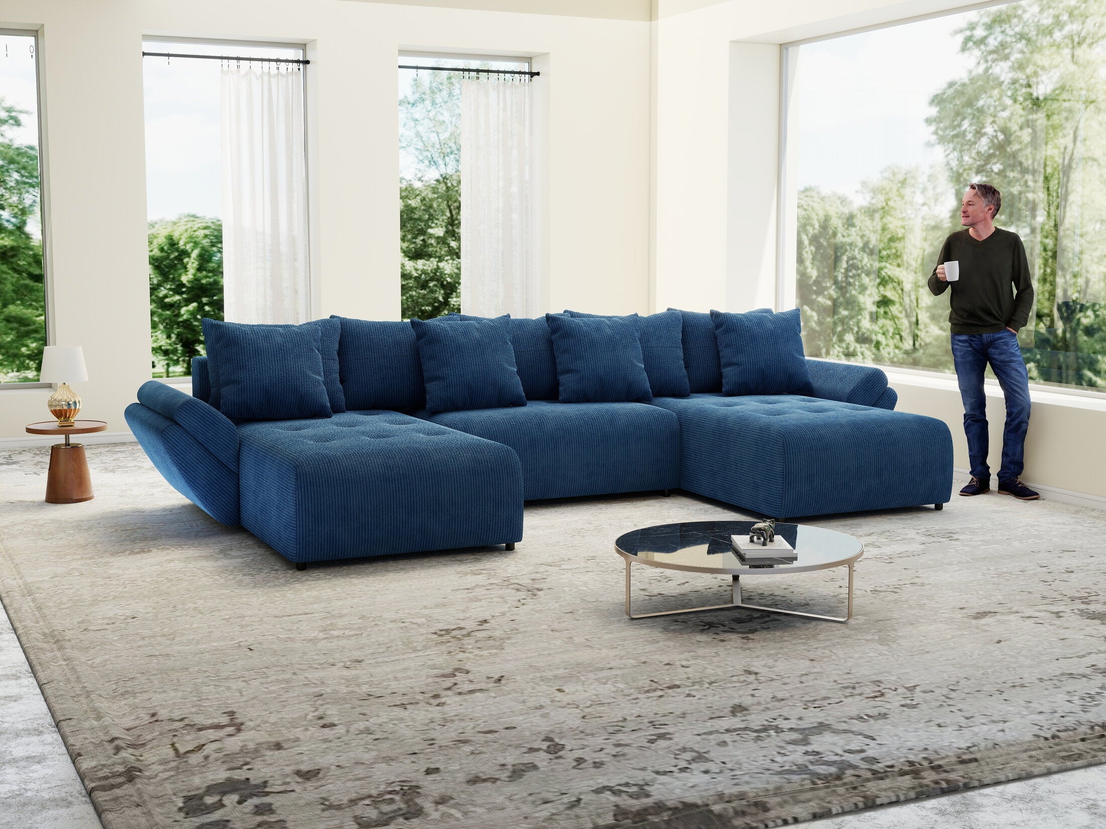 Colțar extensibil dumonde cu ladă de depozitare si sezut confortabil din spuma high-density, Berlin U Zoom Blue 380x180 cm