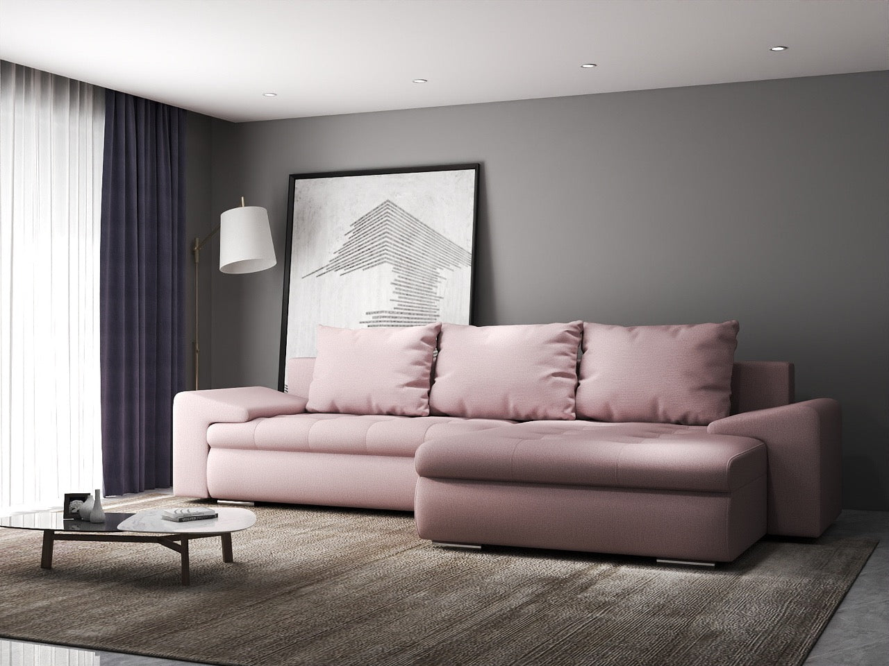 Colțar extensibil dumonde cu ladă de depozitare si sezut confortabil din spuma high-density, Leonardo Enjoy Roz 260x185 cm II
