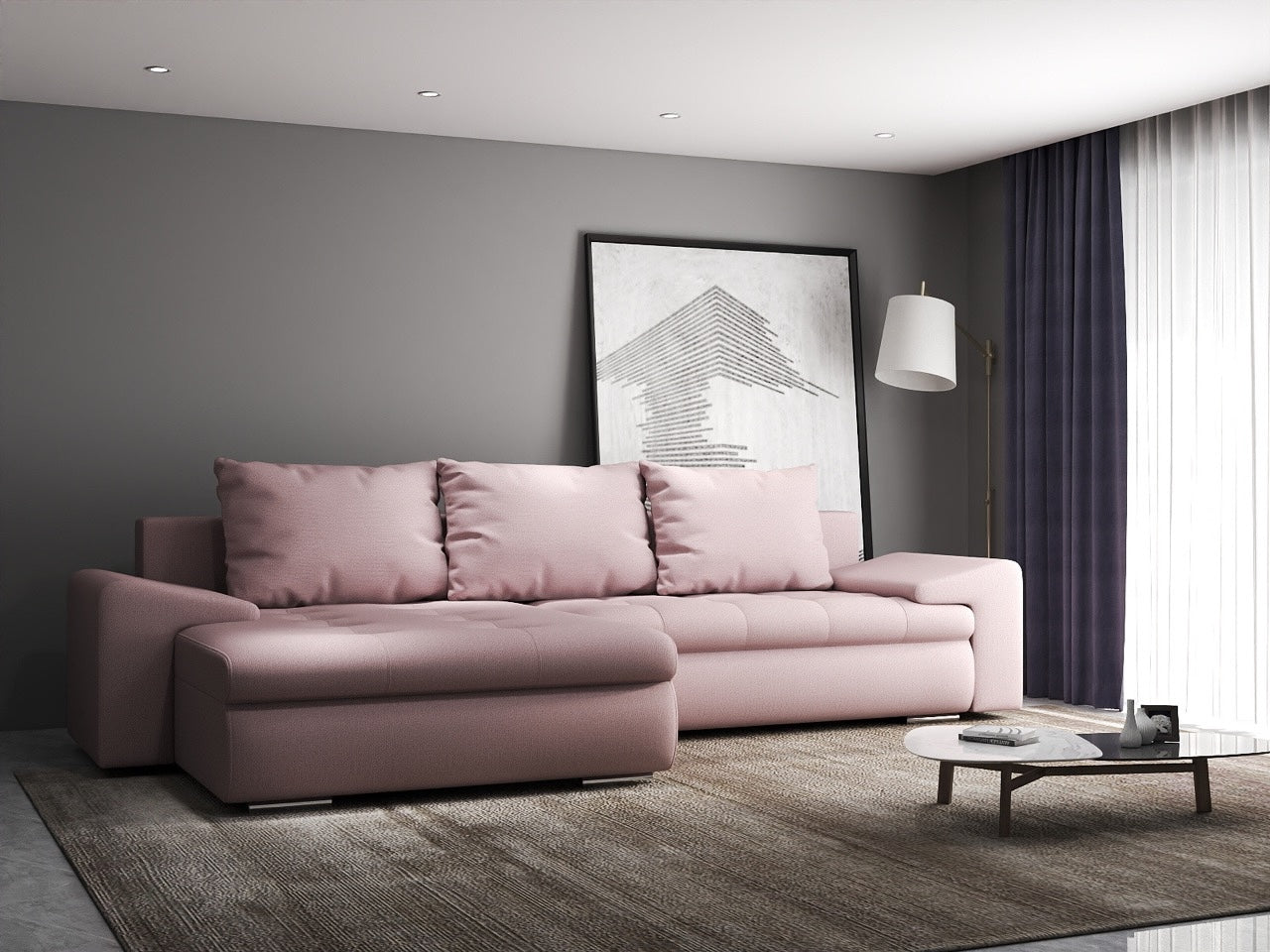 Colțar extensibil dumonde cu ladă de depozitare si sezut confortabil din spuma high-density, Leonardo Enjoy Roz 260x185 cm