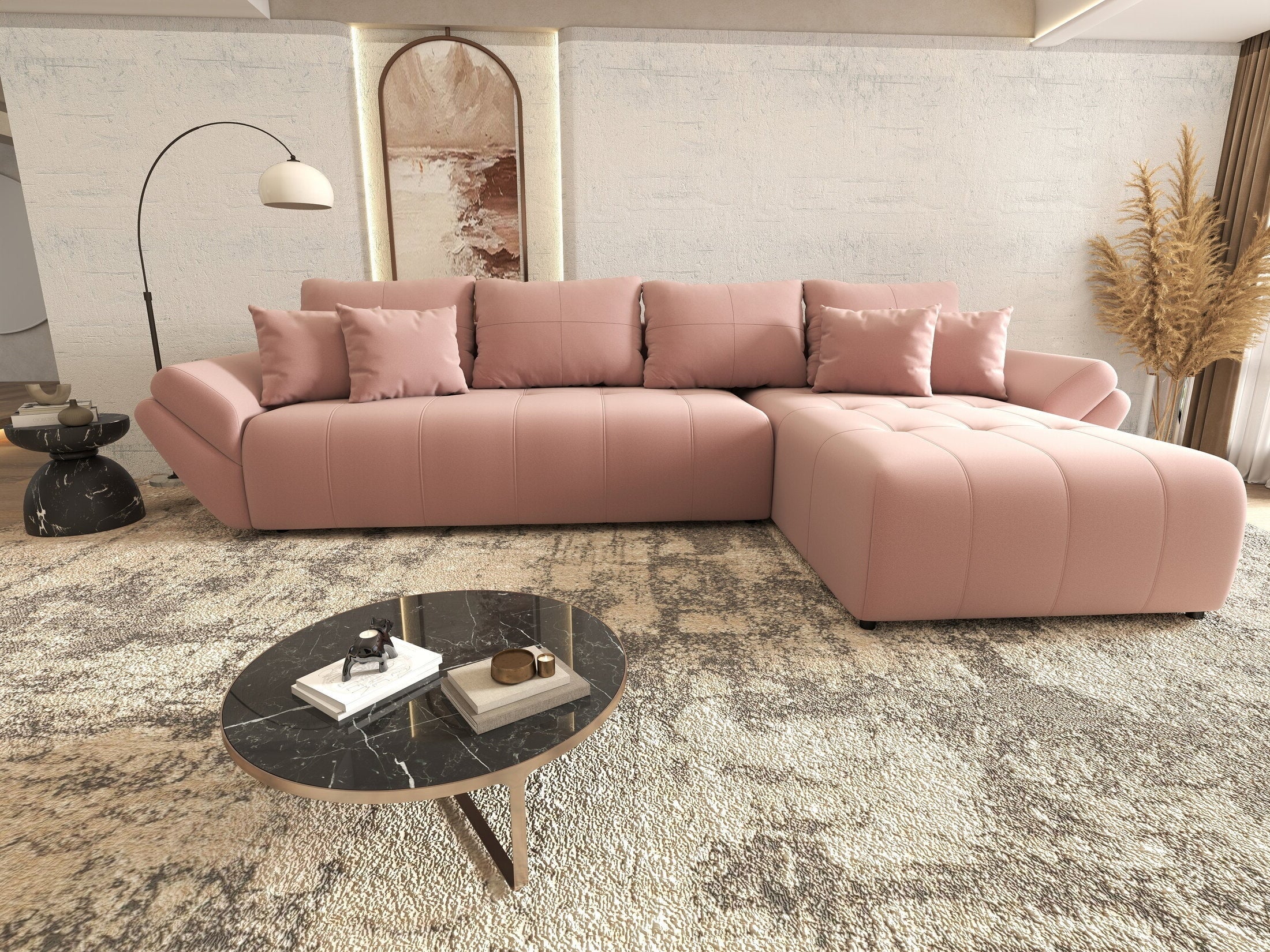 Colțar extensibil dumonde cu ladă de depozitare si sezut confortabil din spuma high-density, Berlin XL Royal Roz 350x185 cm II