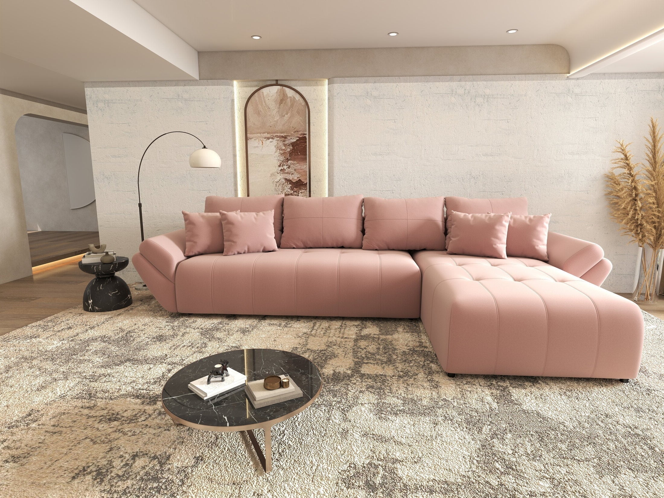 Colțar extensibil dumonde cu ladă de depozitare si sezut confortabil din spuma high-density, Berlin XL Royal Roz 350x185 cm II