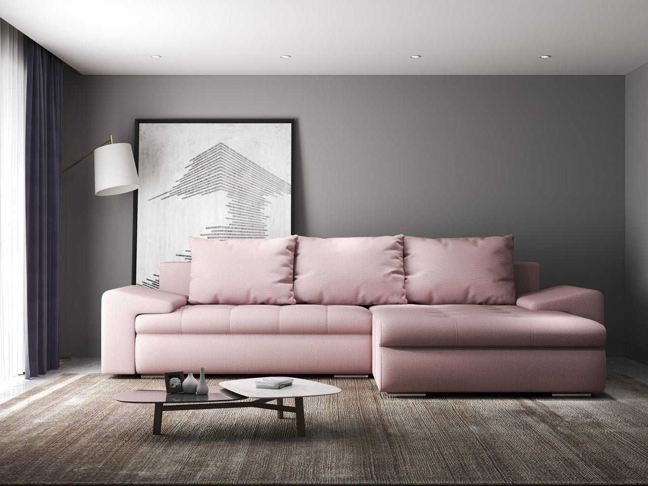Colțar extensibil dumonde cu ladă de depozitare si sezut confortabil din spuma high-density, Leonardo Enjoy Roz 260x185 cm II