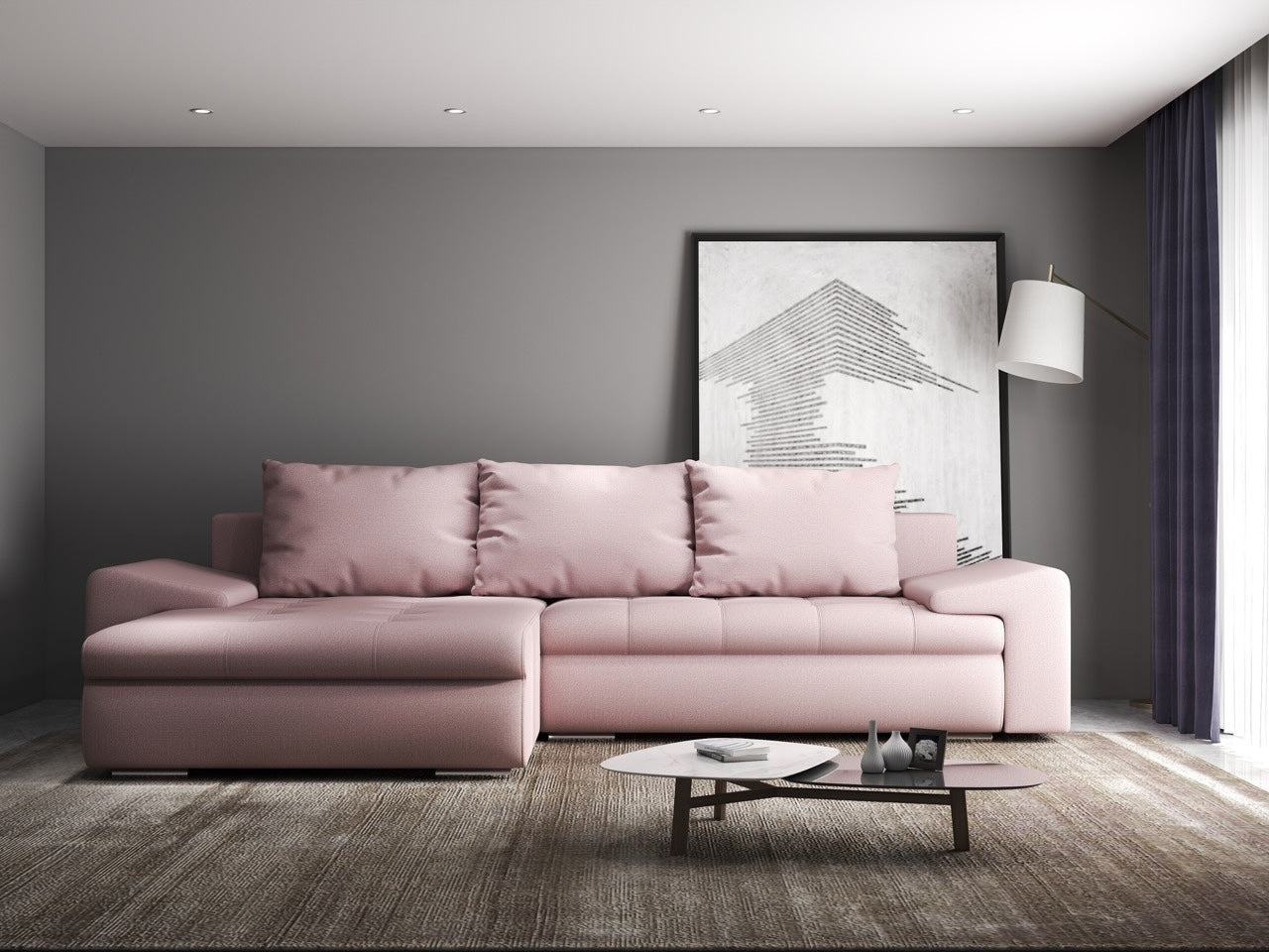 Colțar extensibil dumonde cu ladă de depozitare si sezut confortabil din spuma high-density, Leonardo Enjoy Roz 260x185 cm