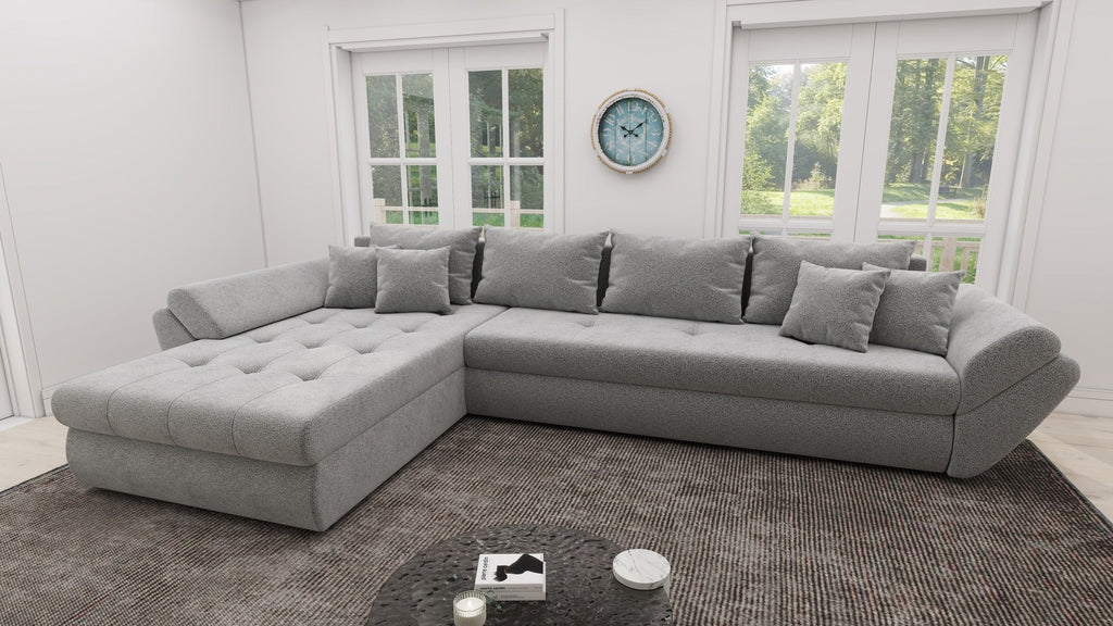 Colțar extensibil dumonde cu ladă de depozitare si sezut confortabil din spuma high-density, Loana XL Quelle Gri 83 335x185 cm