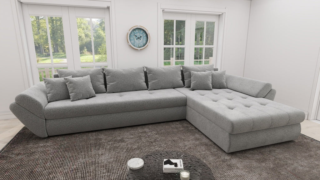 Colțar extensibil dumonde cu ladă de depozitare si sezut confortabil din spuma high-density, Loana XL Quelle Gri 83 II 335x185 cm