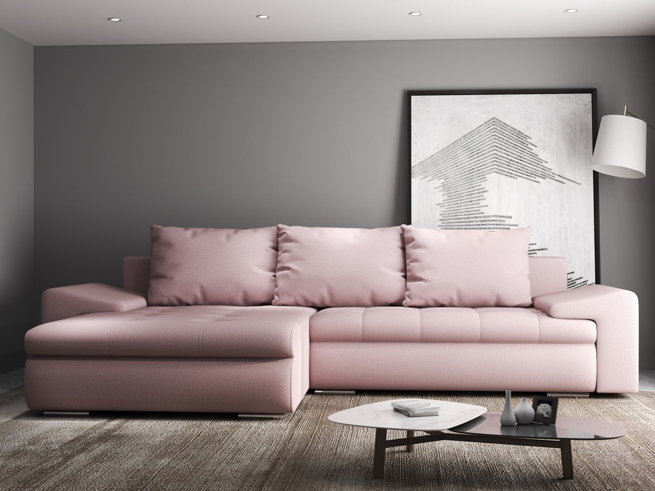 Colțar extensibil dumonde cu ladă de depozitare si sezut confortabil din spuma high-density, Leonardo Enjoy Roz 260x185 cm