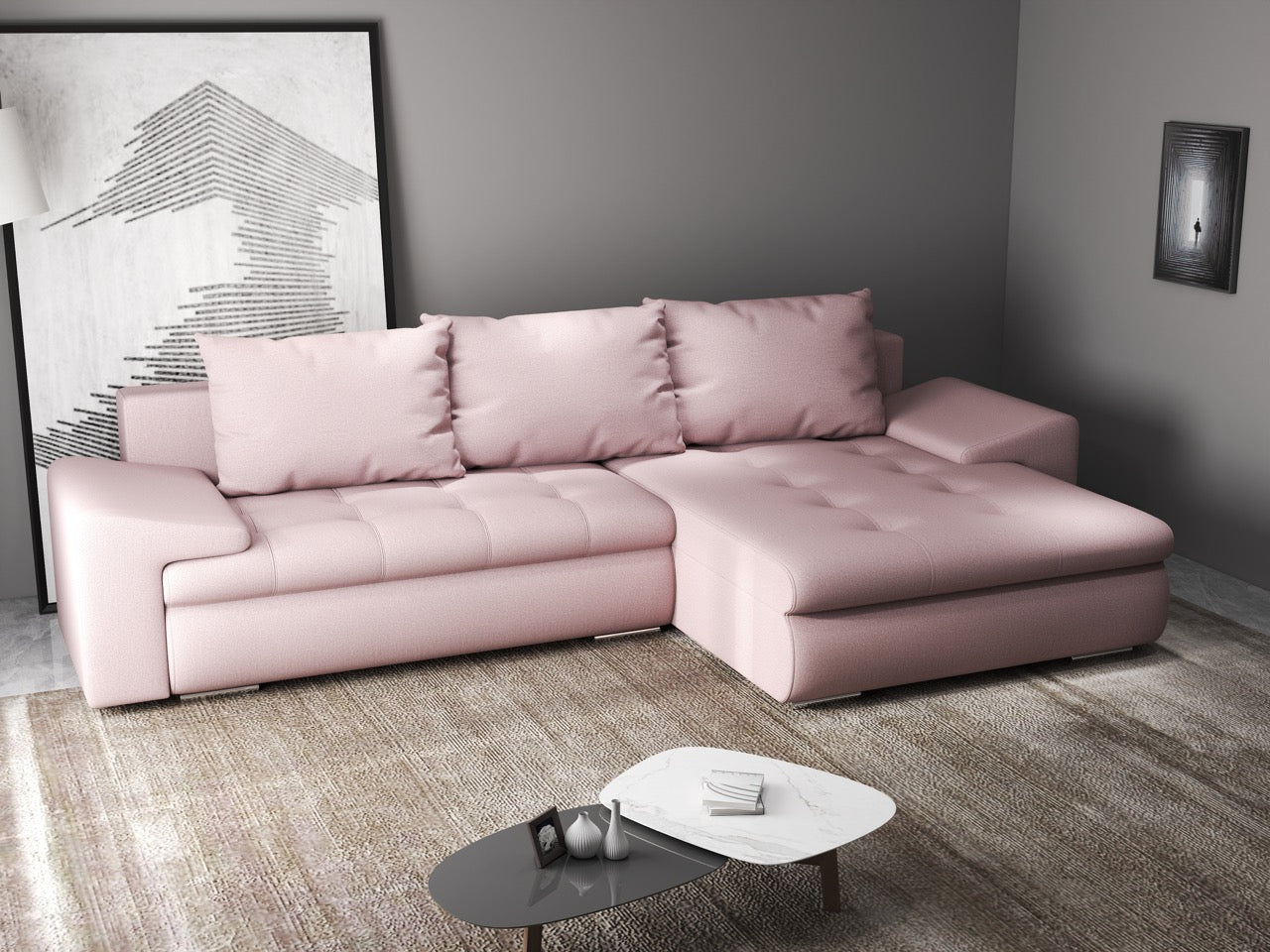 Colțar extensibil dumonde cu ladă de depozitare si sezut confortabil din spuma high-density, Leonardo Enjoy Roz 260x185 cm II
