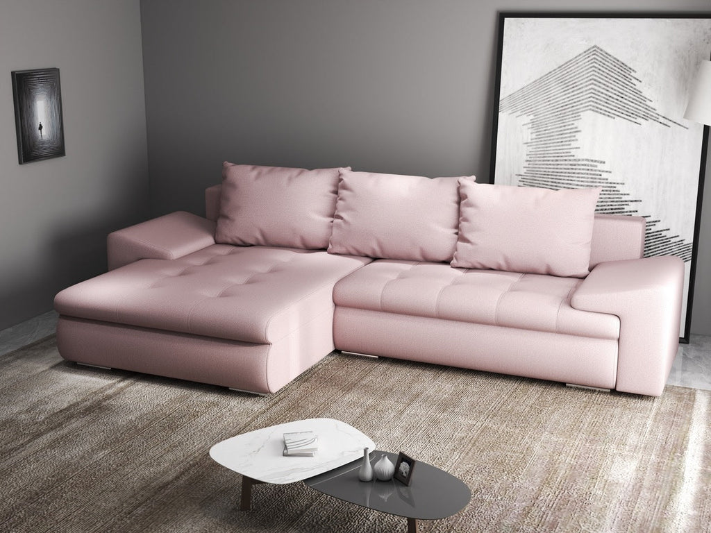 Colțar extensibil dumonde cu ladă de depozitare si sezut confortabil din spuma high-density, Leonardo Enjoy Roz 260x185 cm