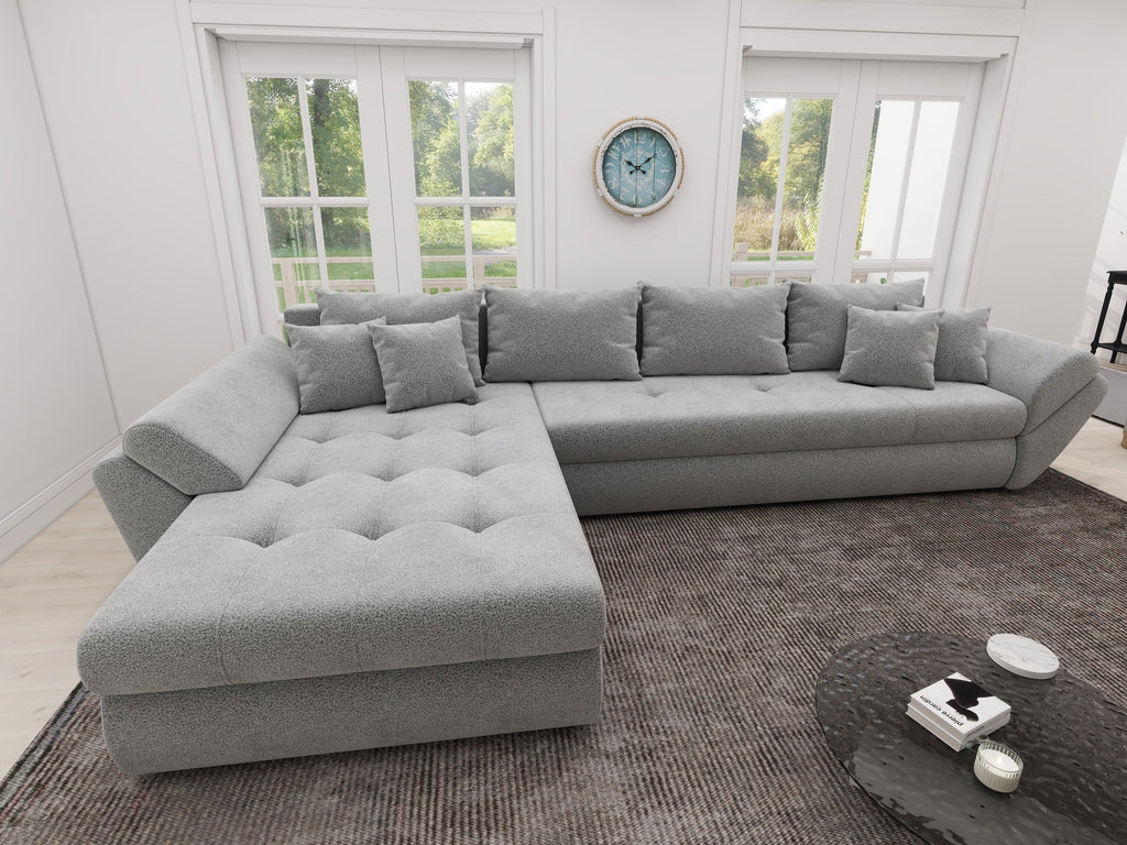 Colțar extensibil dumonde cu ladă de depozitare si sezut confortabil din spuma high-density, Loana XL Quelle Gri 83 335x185 cm
