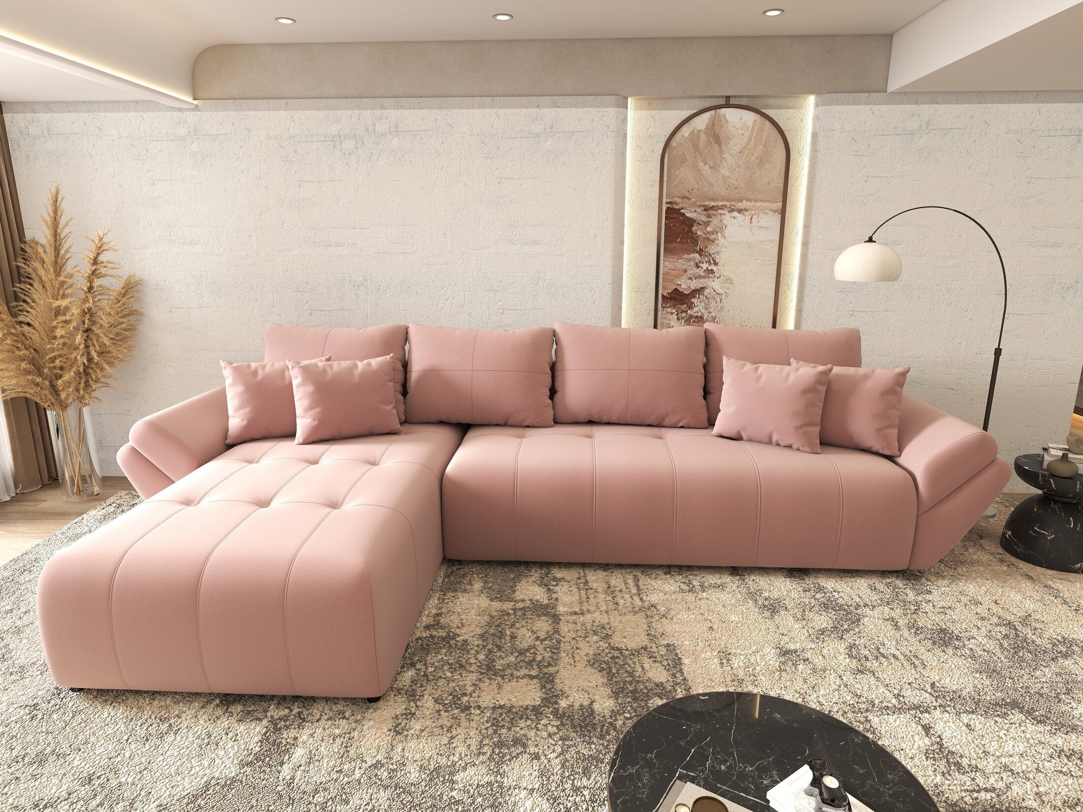 Colțar extensibil dumonde cu ladă de depozitare si sezut confortabil din spuma high-density, Berlin XL Royal Roz 350x185 cm