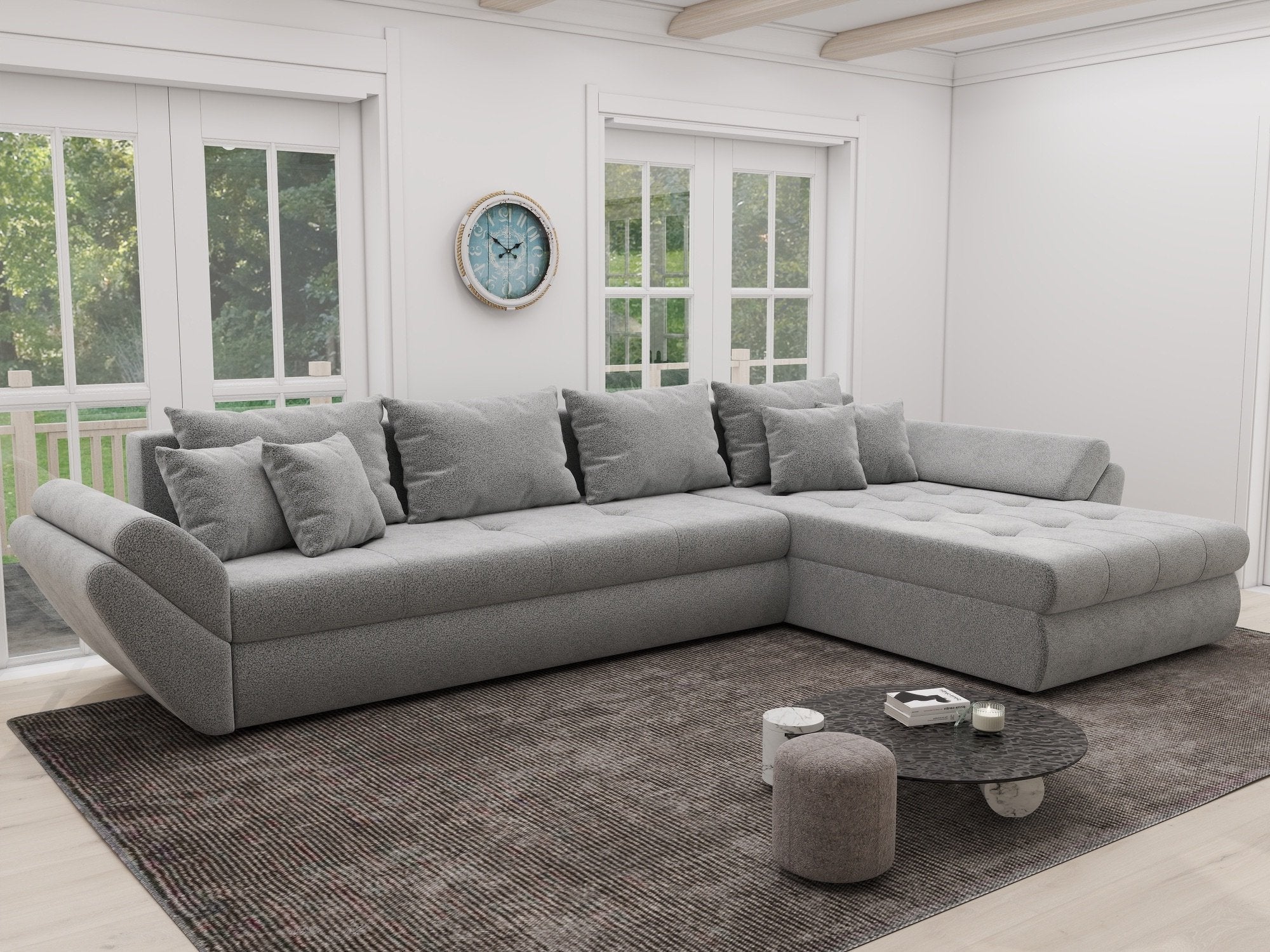 Colțar extensibil dumonde cu ladă de depozitare si sezut confortabil din spuma high-density, Loana XL Quelle Gri 83 II 335x185 cm