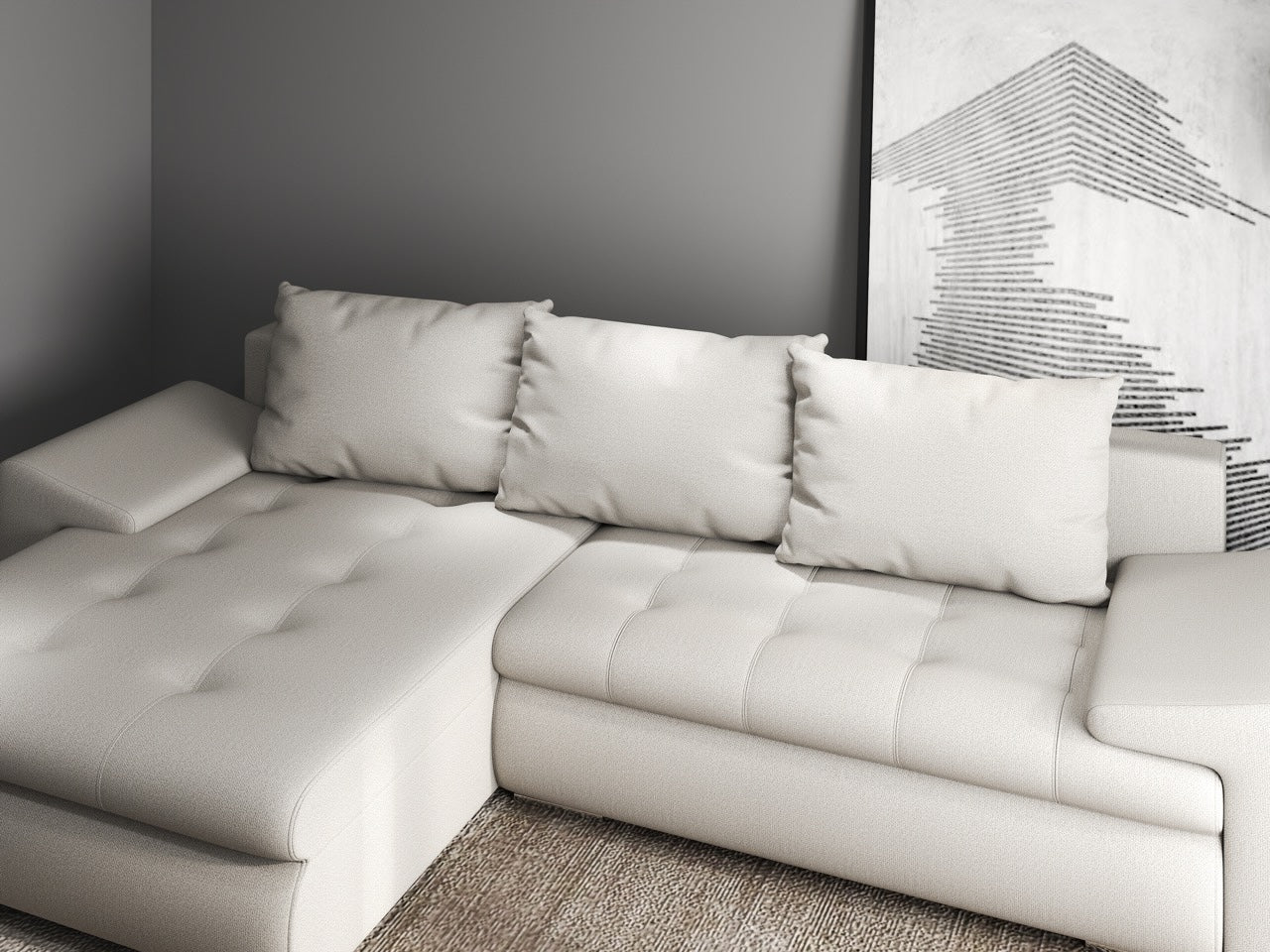 Colțar extensibil dumonde cu ladă de depozitare si sezut confortabil din spuma high-density, Leonardo Enjoy Bej 260x185 cm