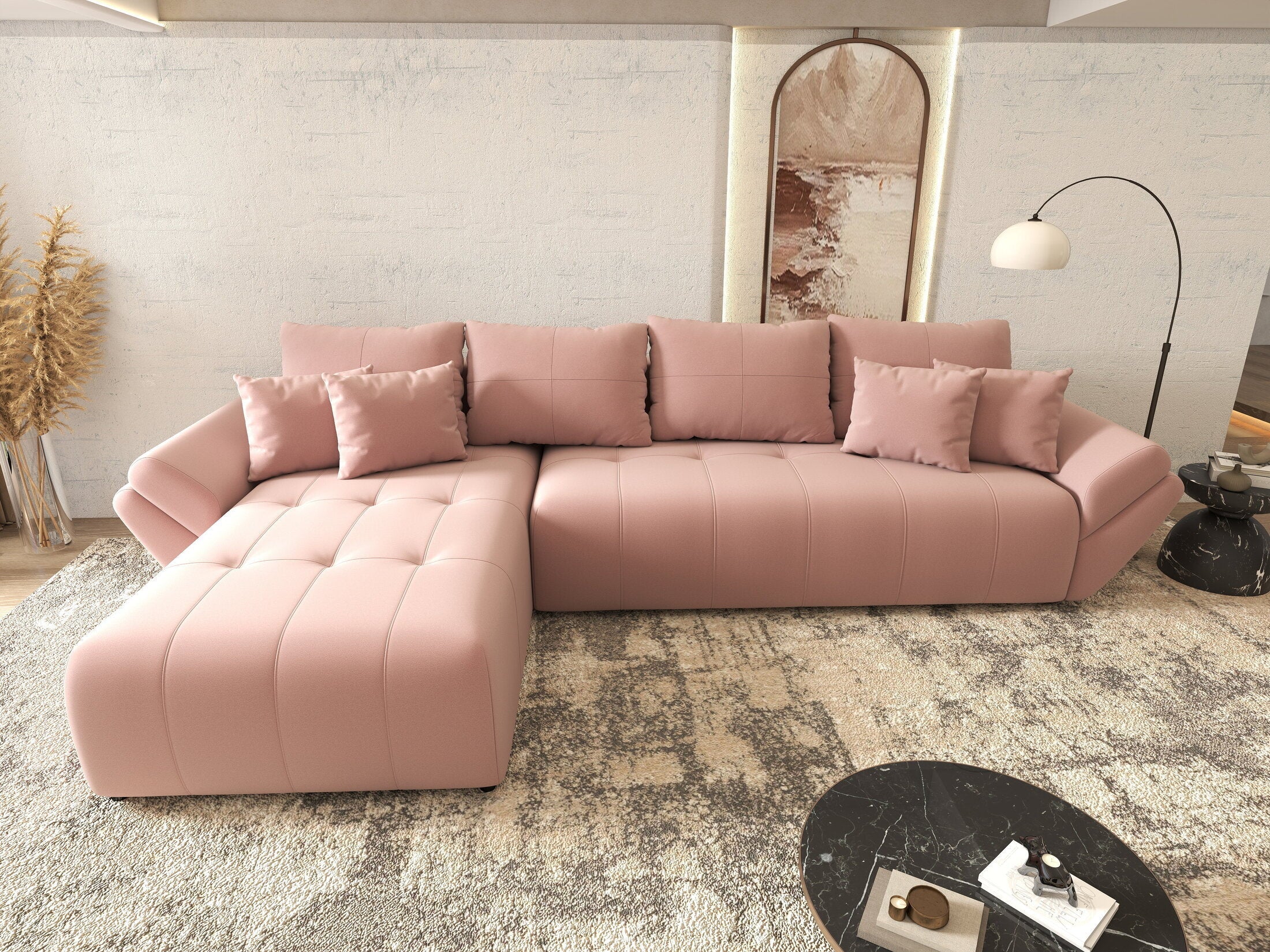 Colțar extensibil dumonde cu ladă de depozitare si sezut confortabil din spuma high-density, Berlin XL Royal Roz 350x185 cm