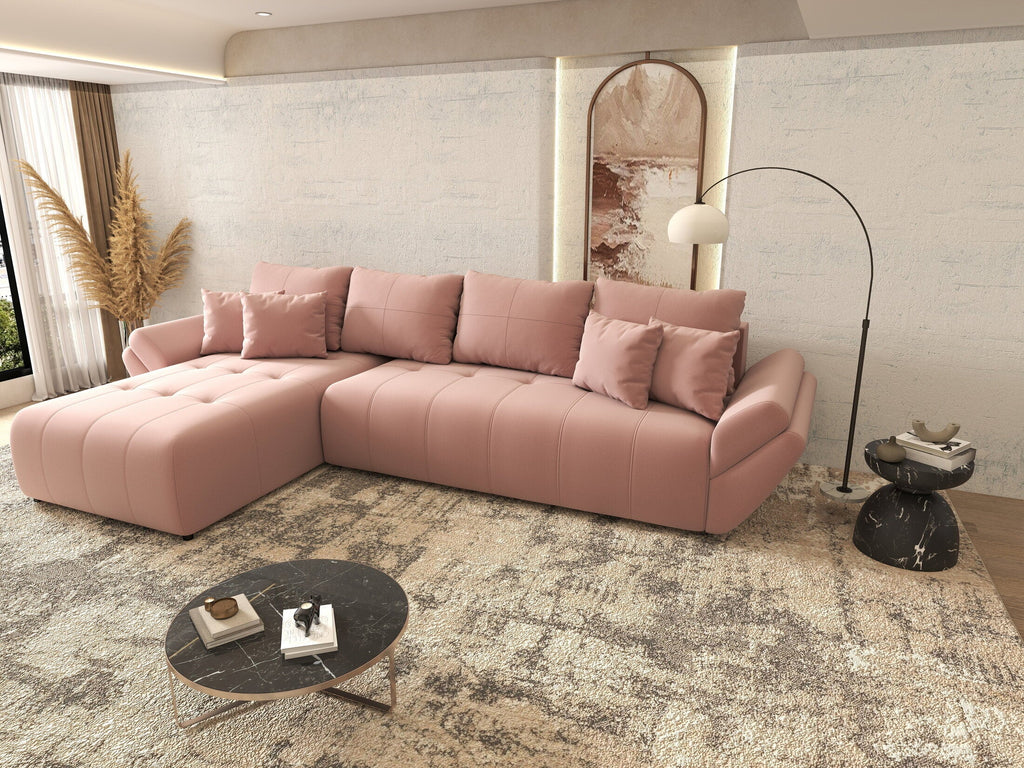 Colțar extensibil dumonde cu ladă de depozitare si sezut confortabil din spuma high-density, Berlin XL Royal Roz 350x185 cm