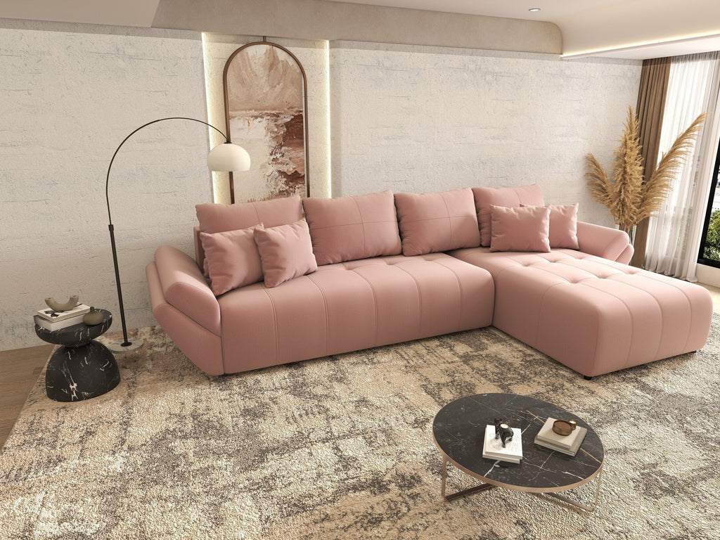 Colțar extensibil dumonde cu ladă de depozitare si sezut confortabil din spuma high-density, Berlin XL Royal Roz 350x185 cm II