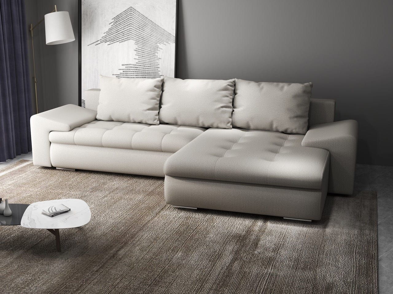 Colțar extensibil dumonde cu ladă de depozitare si sezut confortabil din spuma high-density, Leonardo Enjoy Bej 260x185 cm II
