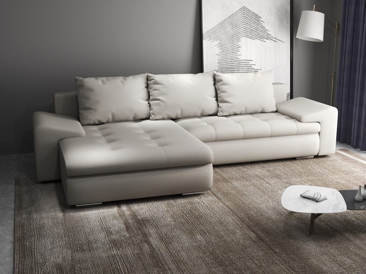 Colțar extensibil dumonde cu ladă de depozitare si sezut confortabil din spuma high-density, Leonardo Enjoy Bej 260x185 cm