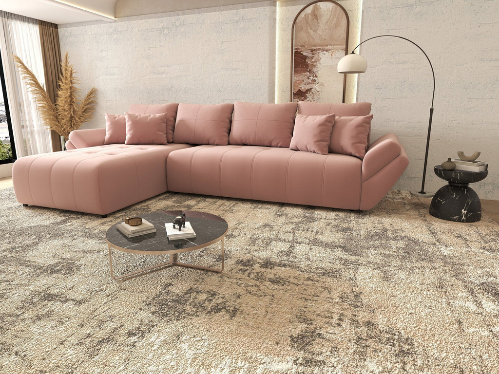 Colțar extensibil dumonde cu ladă de depozitare si sezut confortabil din spuma high-density, Berlin XL Royal Roz 350x185 cm