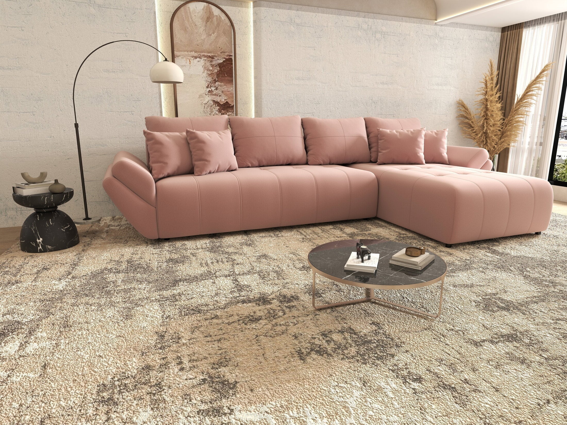 Colțar extensibil dumonde cu ladă de depozitare si sezut confortabil din spuma high-density, Berlin XL Royal Roz 350x185 cm II