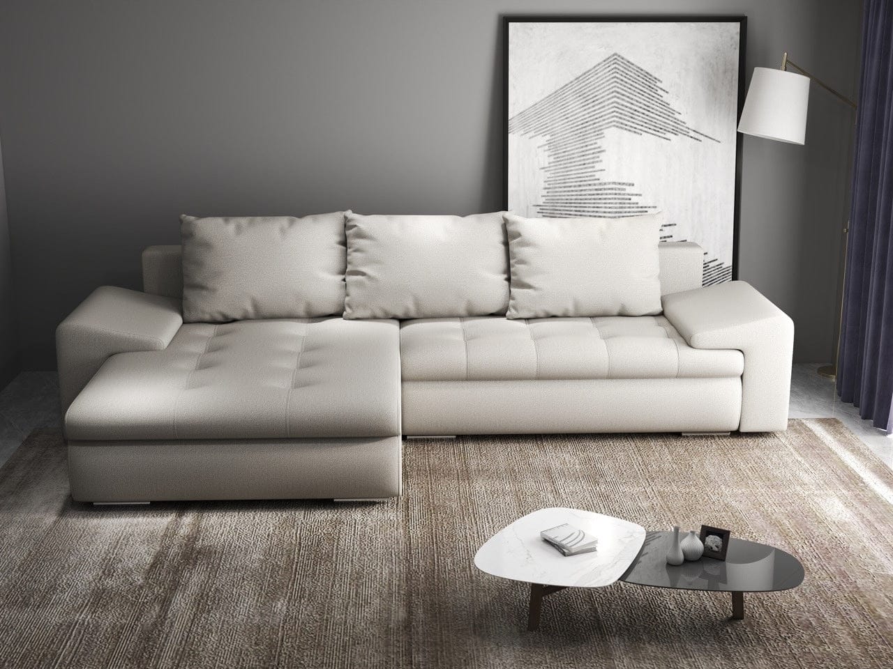 Colțar extensibil dumonde cu ladă de depozitare si sezut confortabil din spuma high-density, Leonardo Enjoy Bej 260x185 cm