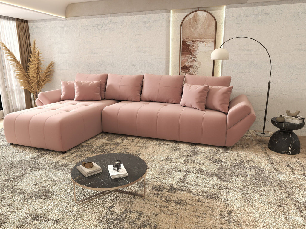 Colțar extensibil dumonde cu ladă de depozitare si sezut confortabil din spuma high-density, Berlin XL Royal Roz 350x185 cm
