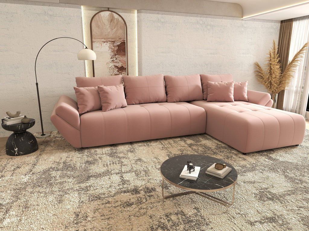 Colțar extensibil dumonde cu ladă de depozitare si sezut confortabil din spuma high-density, Berlin XL Royal Roz 350x185 cm II