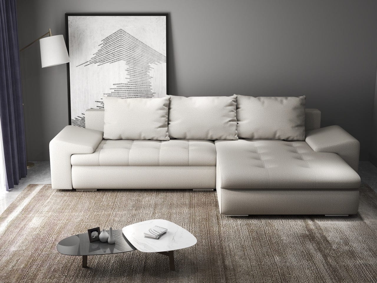 Colțar extensibil dumonde cu ladă de depozitare si sezut confortabil din spuma high-density, Leonardo Enjoy Bej 260x185 cm II