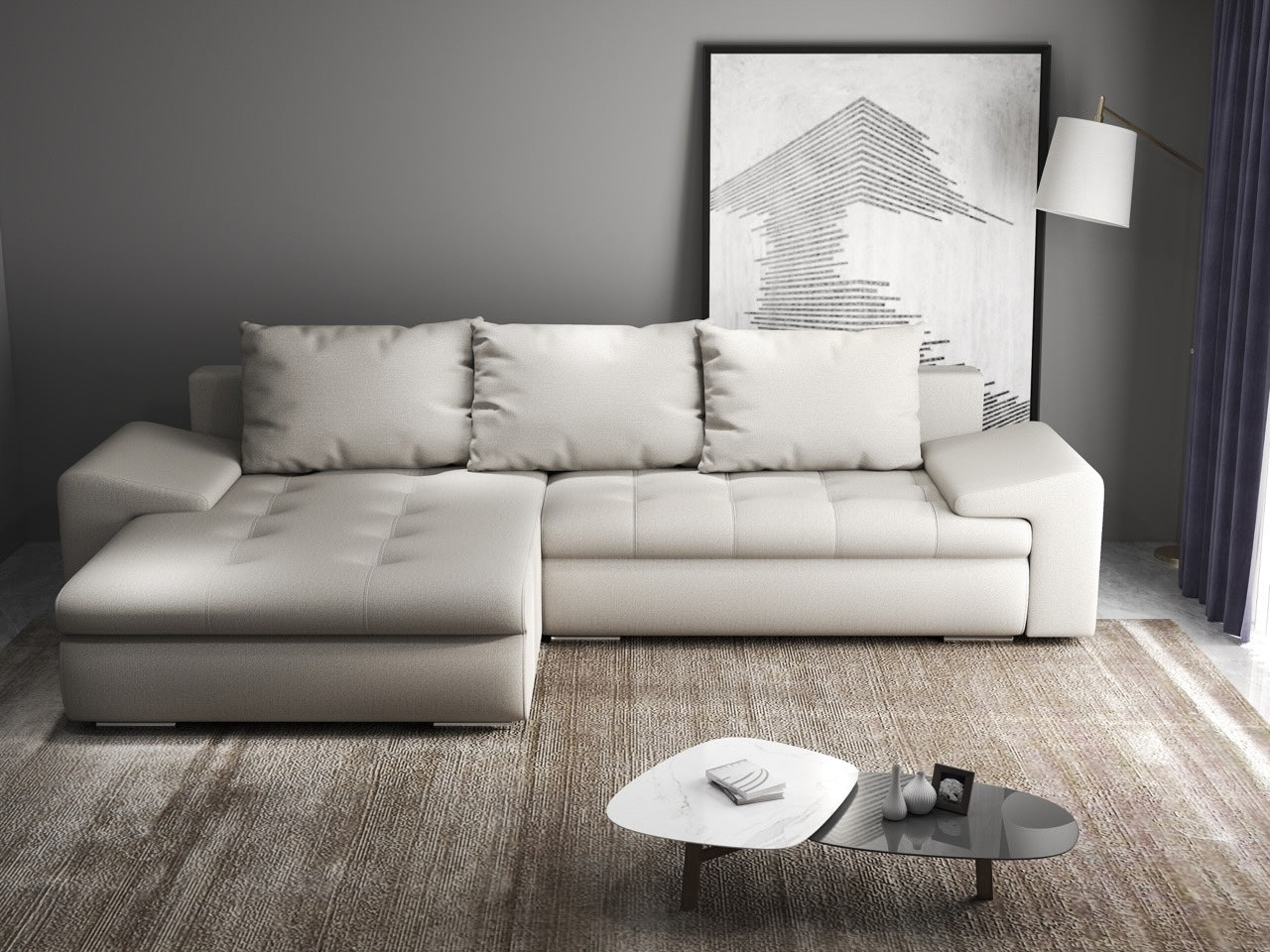 Colțar extensibil dumonde cu ladă de depozitare si sezut confortabil din spuma high-density, Leonardo Enjoy Bej 260x185 cm