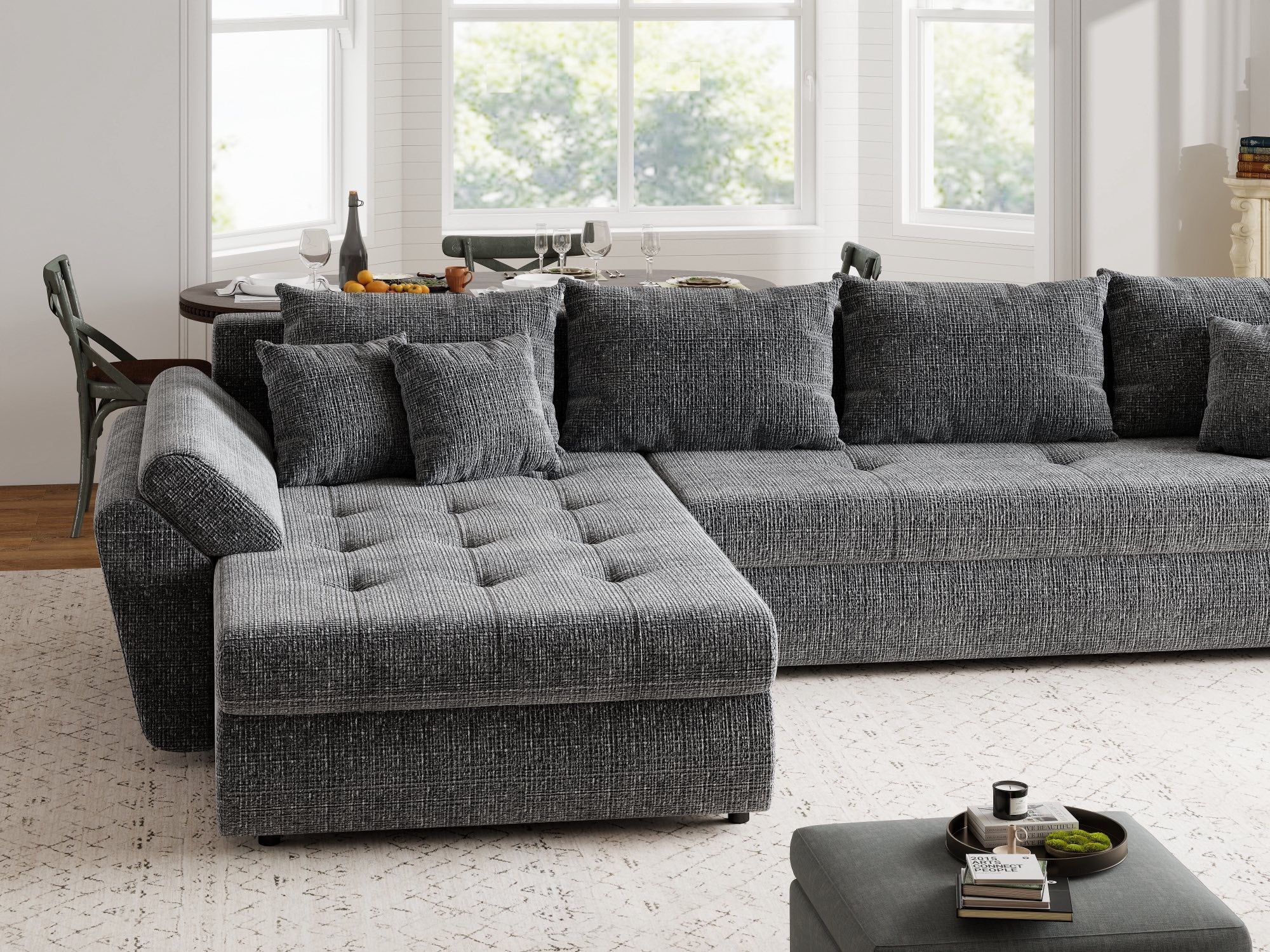 Colțar extensibil dumonde cu ladă de depozitare si sezut confortabil din spuma high-density, Loana XL Cremona Gri 335x185 cm
