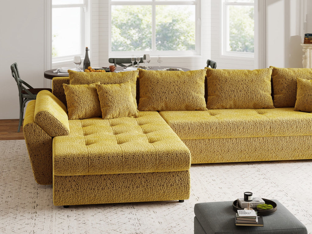 Colțar extensibil dumonde cu ladă de depozitare si sezut confortabil din spuma high-density, Loana XL Jaguar Galben Mustar 335x185 cm