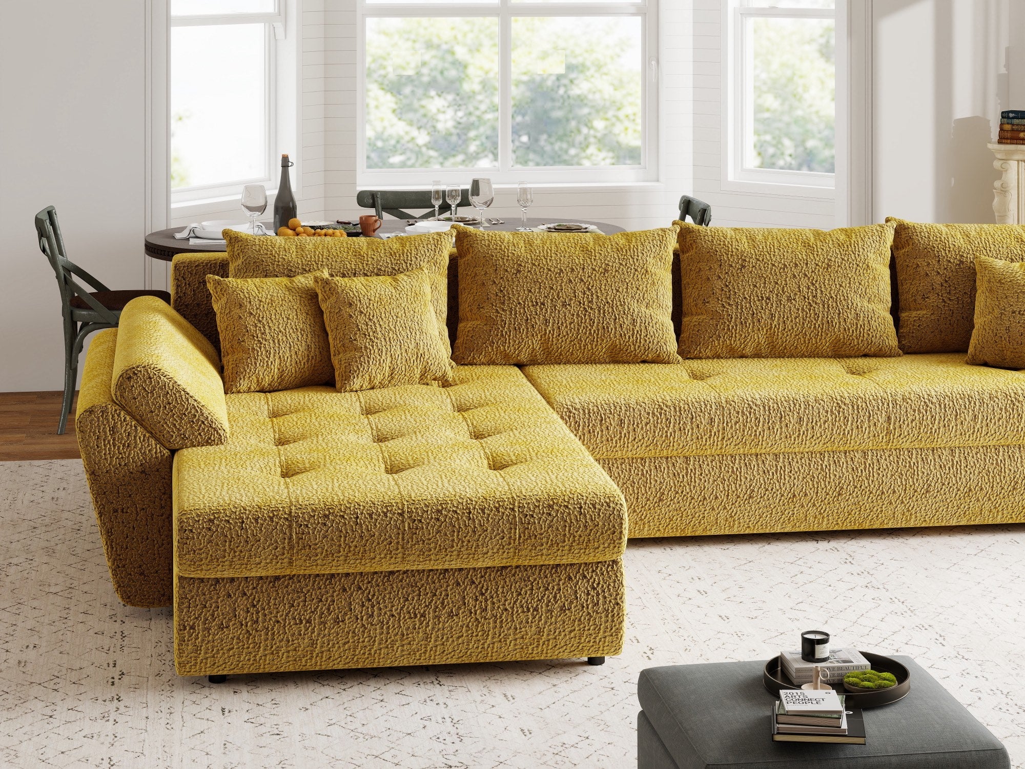 Colțar extensibil dumonde cu ladă de depozitare si sezut confortabil din spuma high-density, Loana XL Jaguar Galben Mustar 335x185 cm