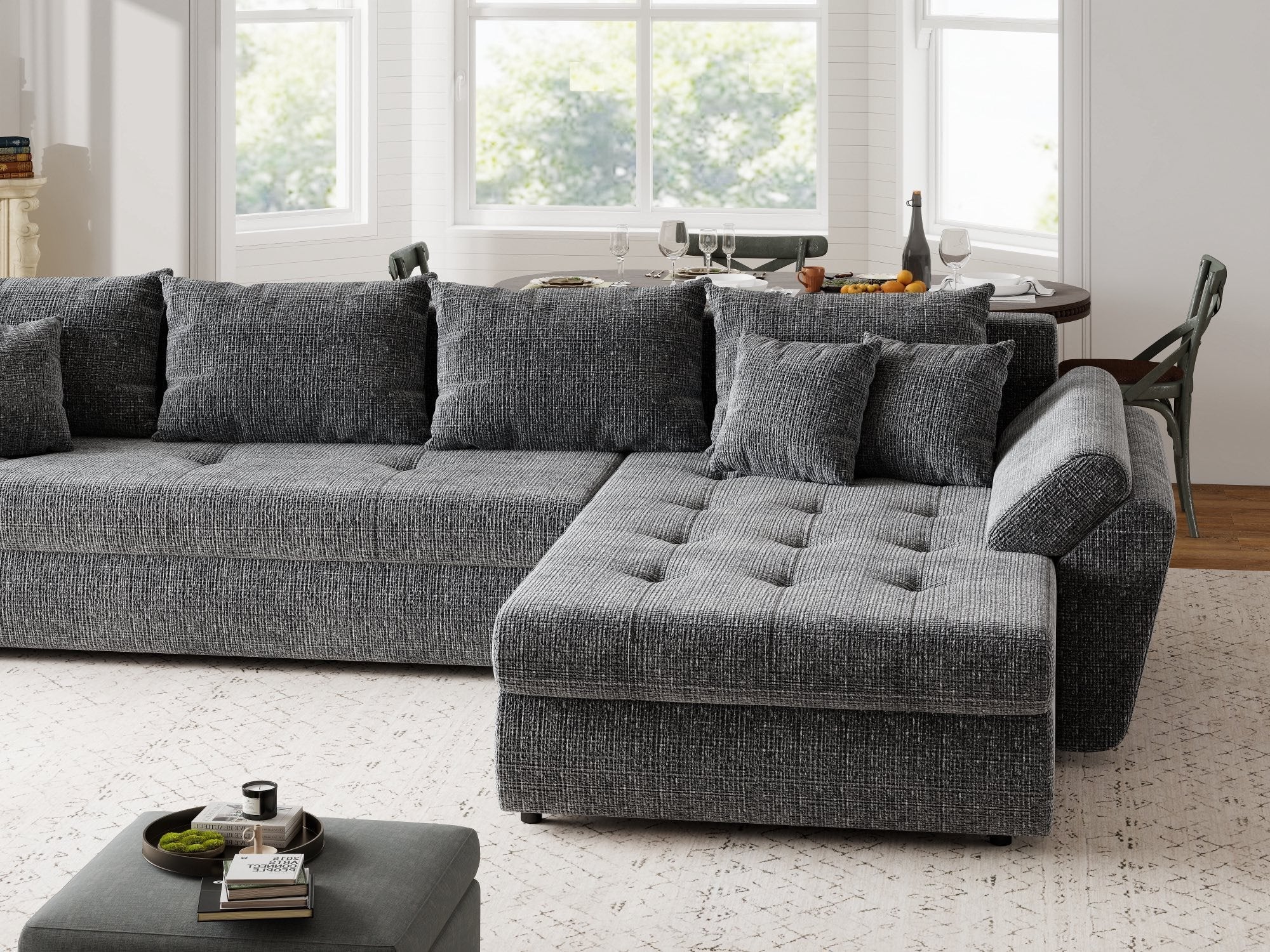 Colțar extensibil dumonde cu ladă de depozitare si sezut confortabil din spuma high-density, Loana XL Cremona Gri II 335x185 cm