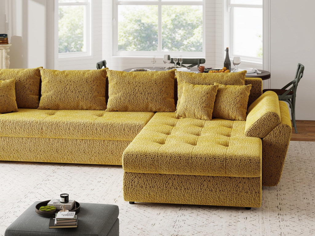 Colțar extensibil dumonde cu ladă de depozitare si sezut confortabil din spuma high-density, Loana XL Jaguar Galben Mustar II 335x185 cm