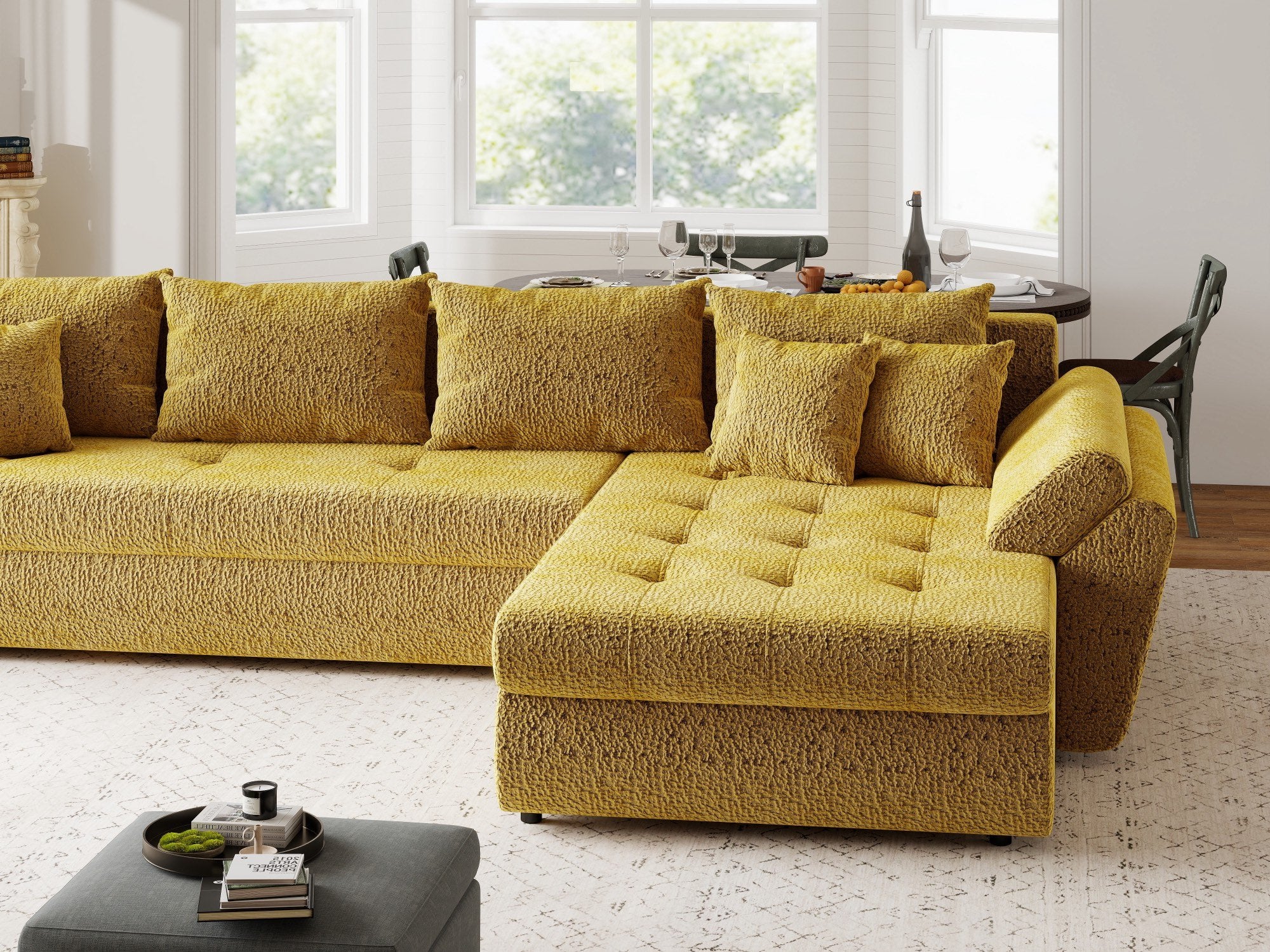 Colțar extensibil dumonde cu ladă de depozitare si sezut confortabil din spuma high-density, Loana XL Jaguar Galben Mustar II 335x185 cm