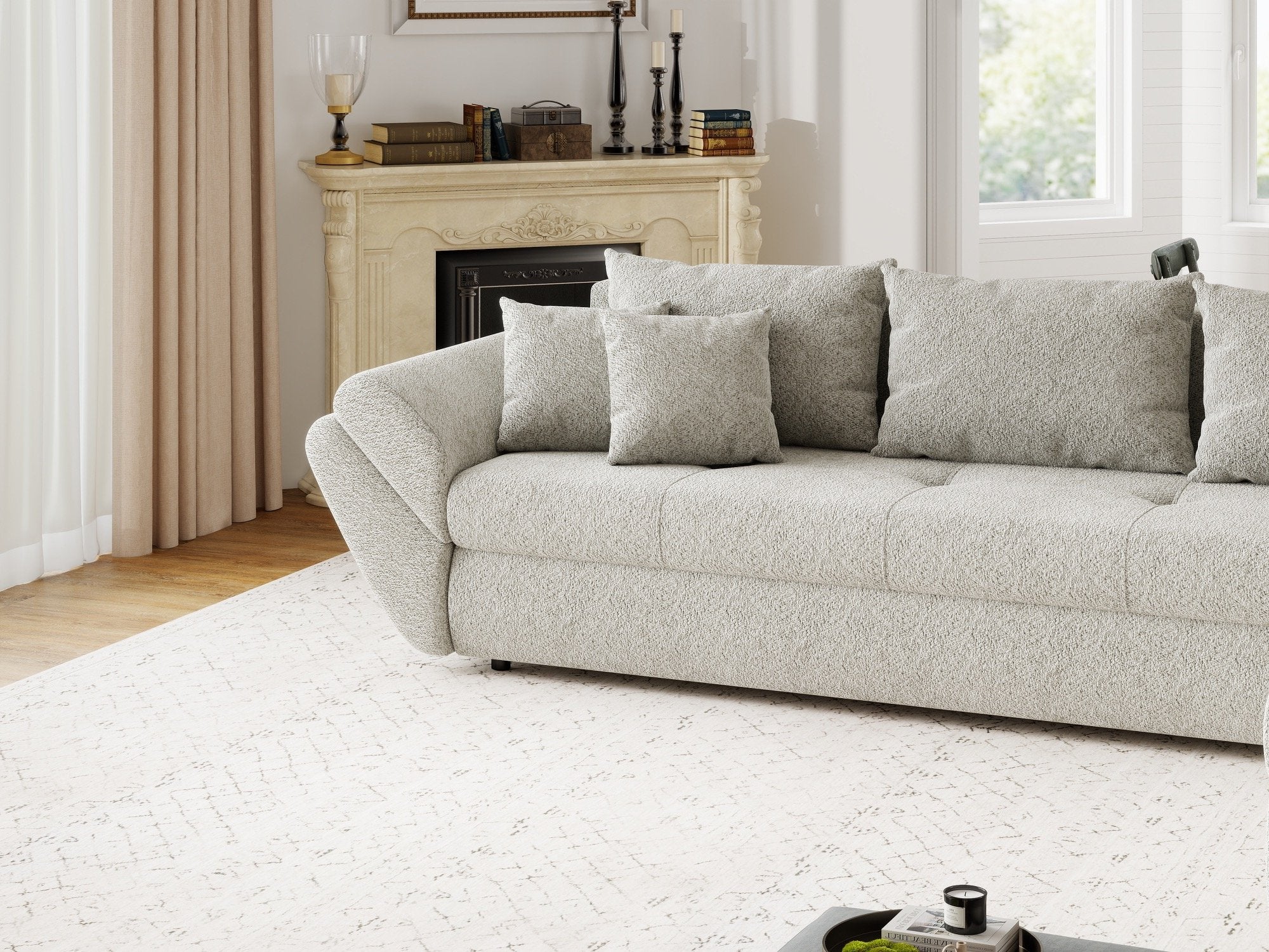 Colțar extensibil dumonde cu ladă de depozitare si sezut confortabil din spuma high-density, Loana XL Arena Bej 20 II 335x185 cm