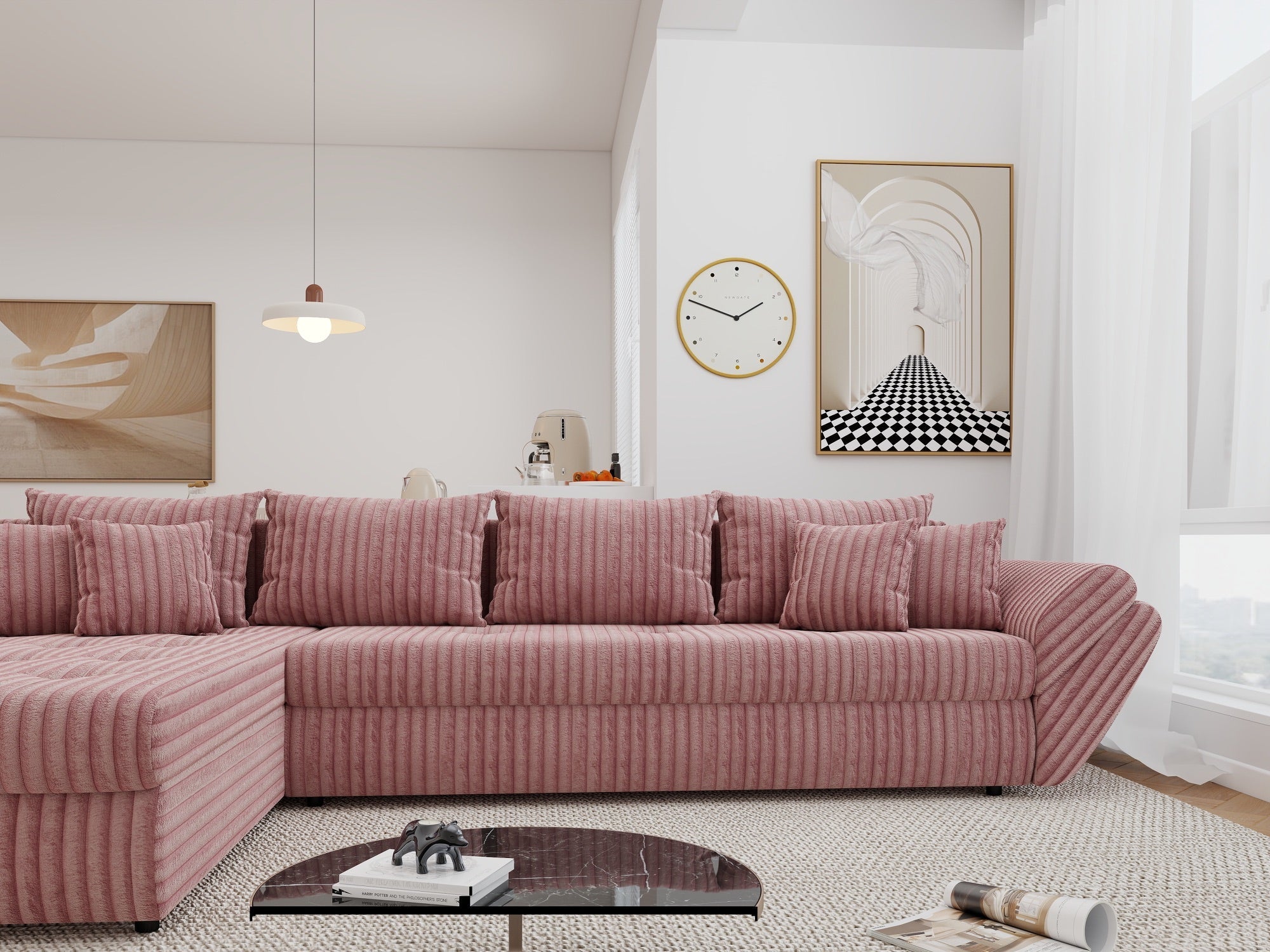 Colțar extensibil dumonde cu ladă de depozitare si sezut confortabil din spuma high-density, Loana XL Tilia Roz Pudrat 335x185 cm