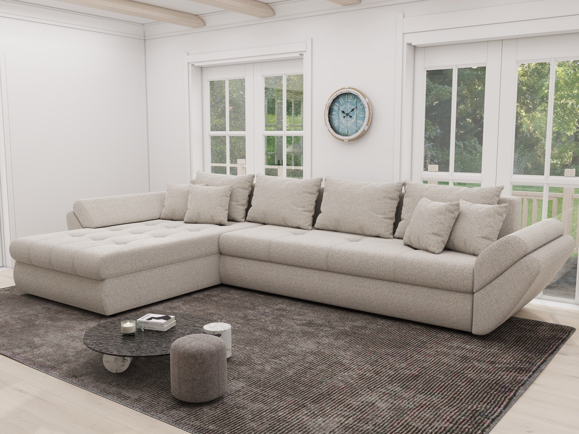 Colțar extensibil dumonde cu ladă de depozitare si sezut confortabil din spuma high-density, Loana XL Monte Bej 335x185 cm