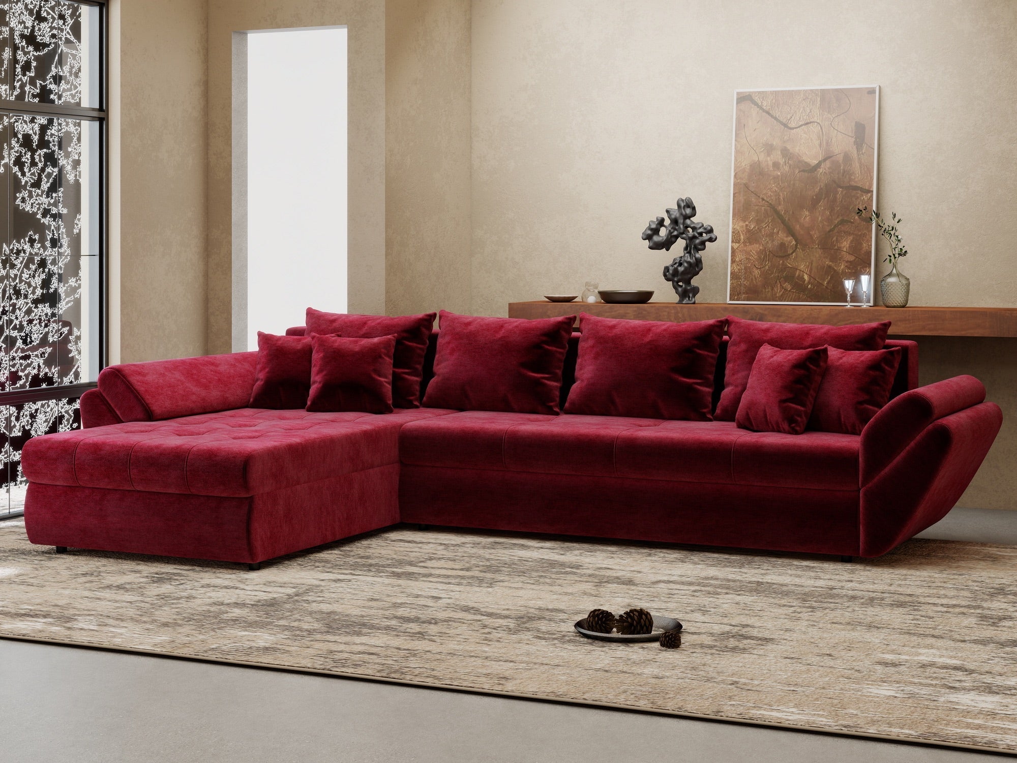Colțar extensibil dumonde cu ladă de depozitare si sezut confortabil din spuma high-density, Loana XL Monolith Rosu 335x185 cm
