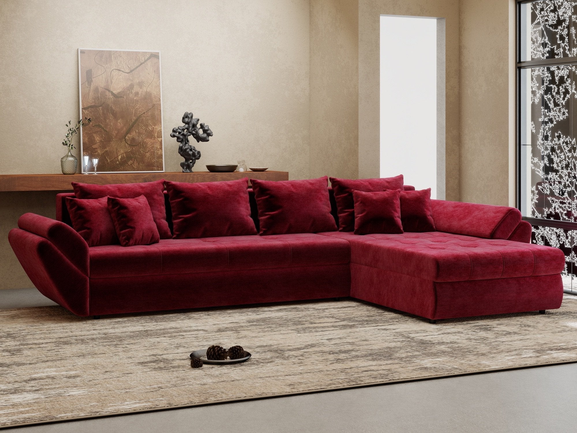 Colțar extensibil dumonde cu ladă de depozitare si sezut confortabil din spuma high-density, Loana XL Monolith Rosu II 335x185 cm