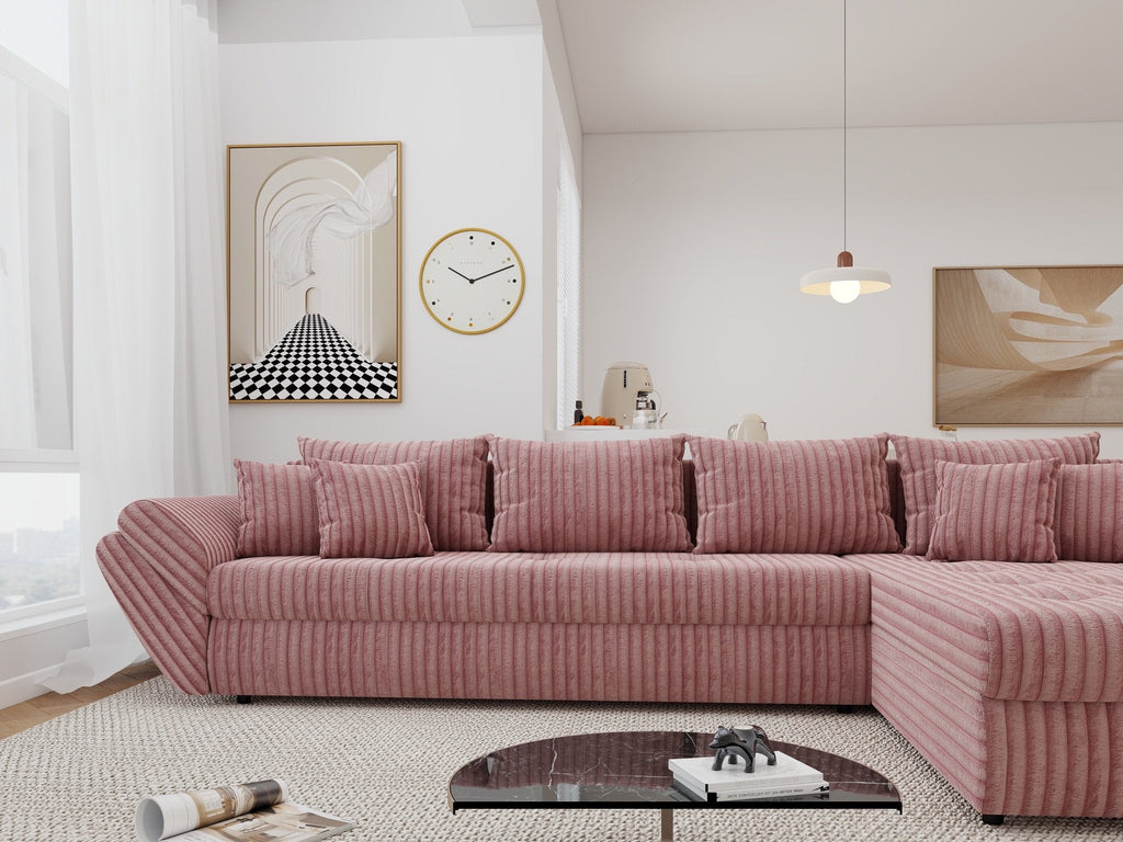Colțar extensibil dumonde cu ladă de depozitare si sezut confortabil din spuma high-density, Loana XL Tilia Roz Pudrat II 335x185 cm
