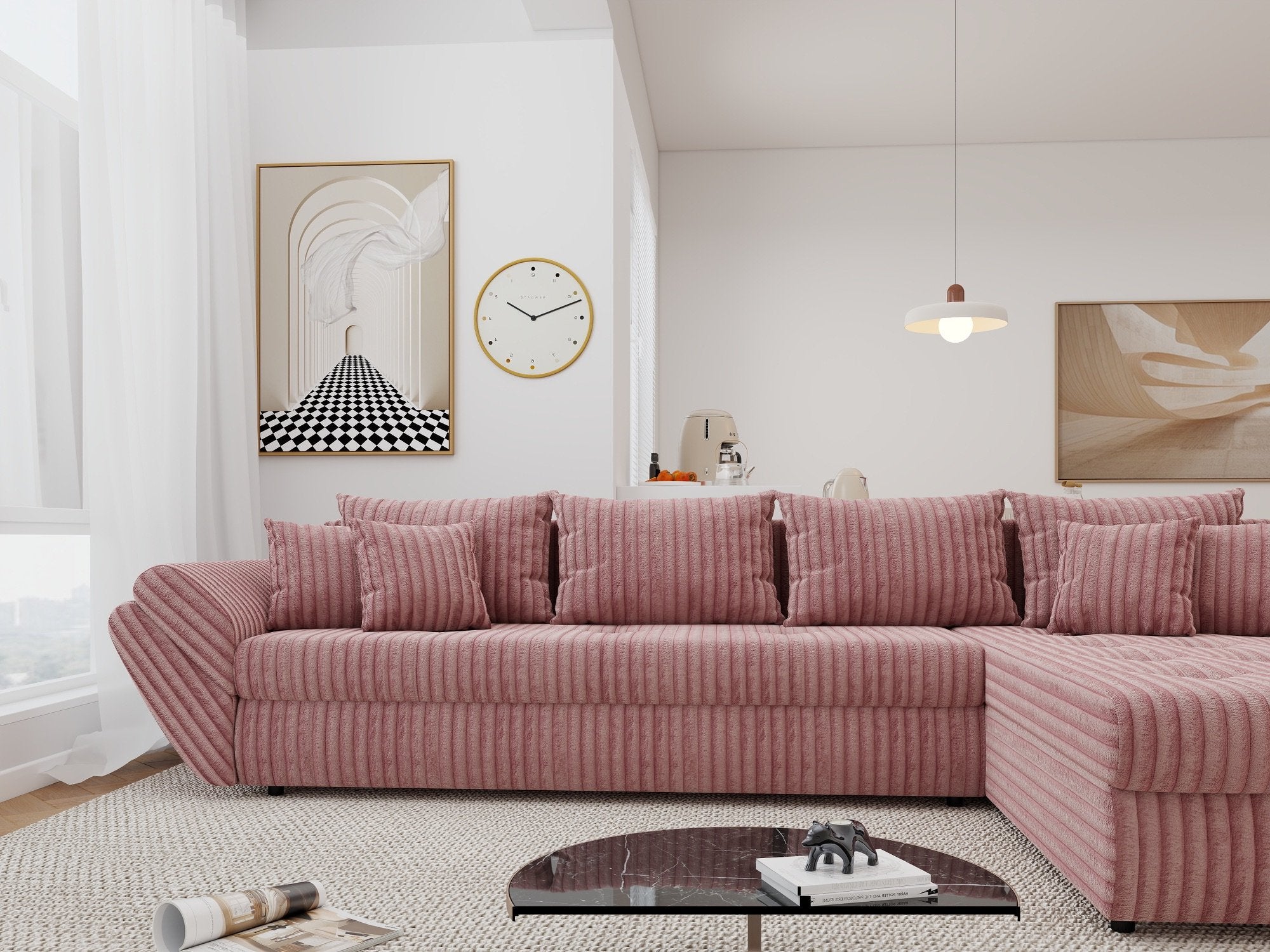 Colțar extensibil dumonde cu ladă de depozitare si sezut confortabil din spuma high-density, Loana XL Tilia Roz Pudrat II 335x185 cm