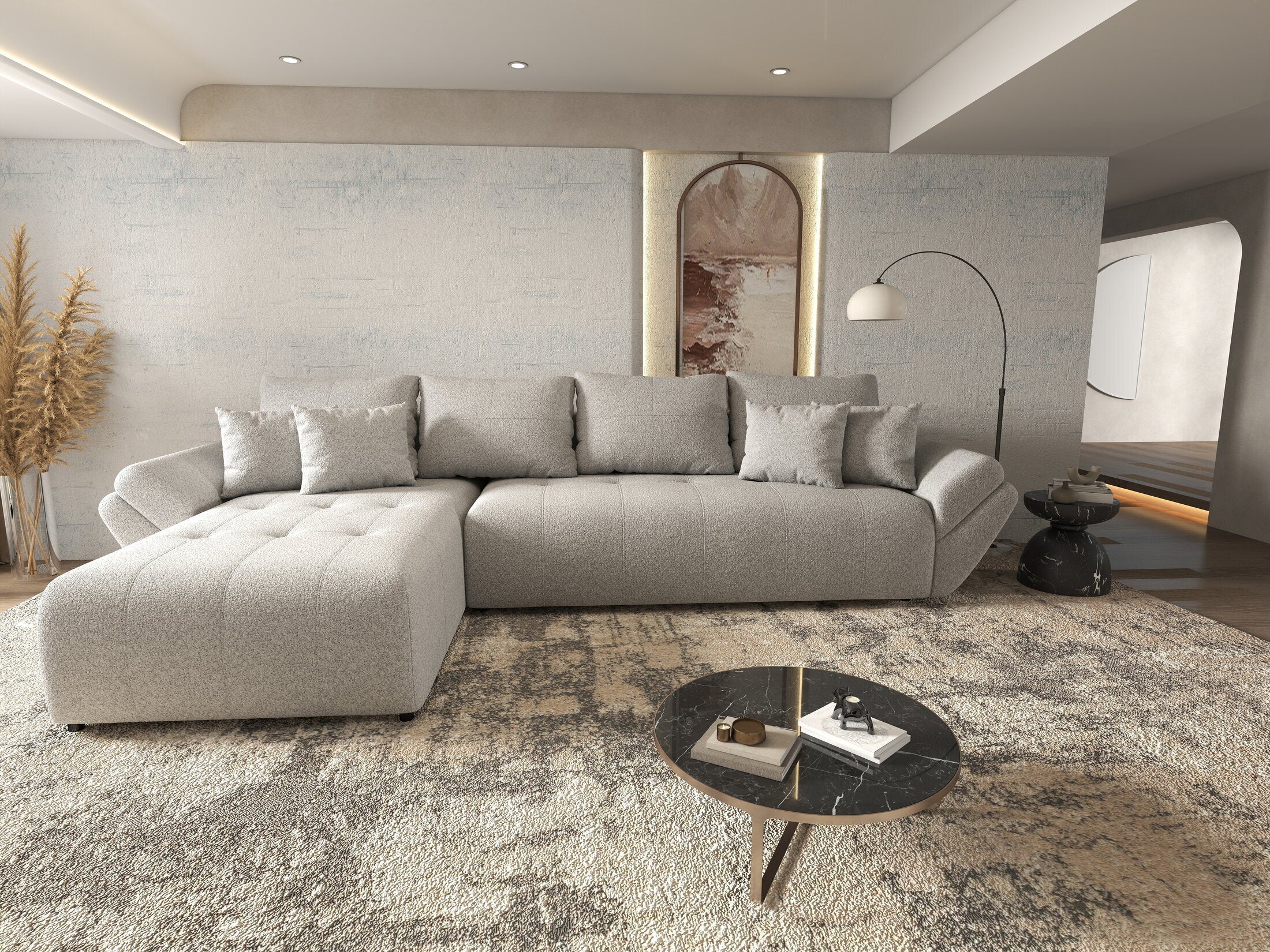 Colțar extensibil dumonde cu ladă de depozitare si sezut confortabil din spuma high-density, Berlin XL Euphoria Dove 350x185 cm
