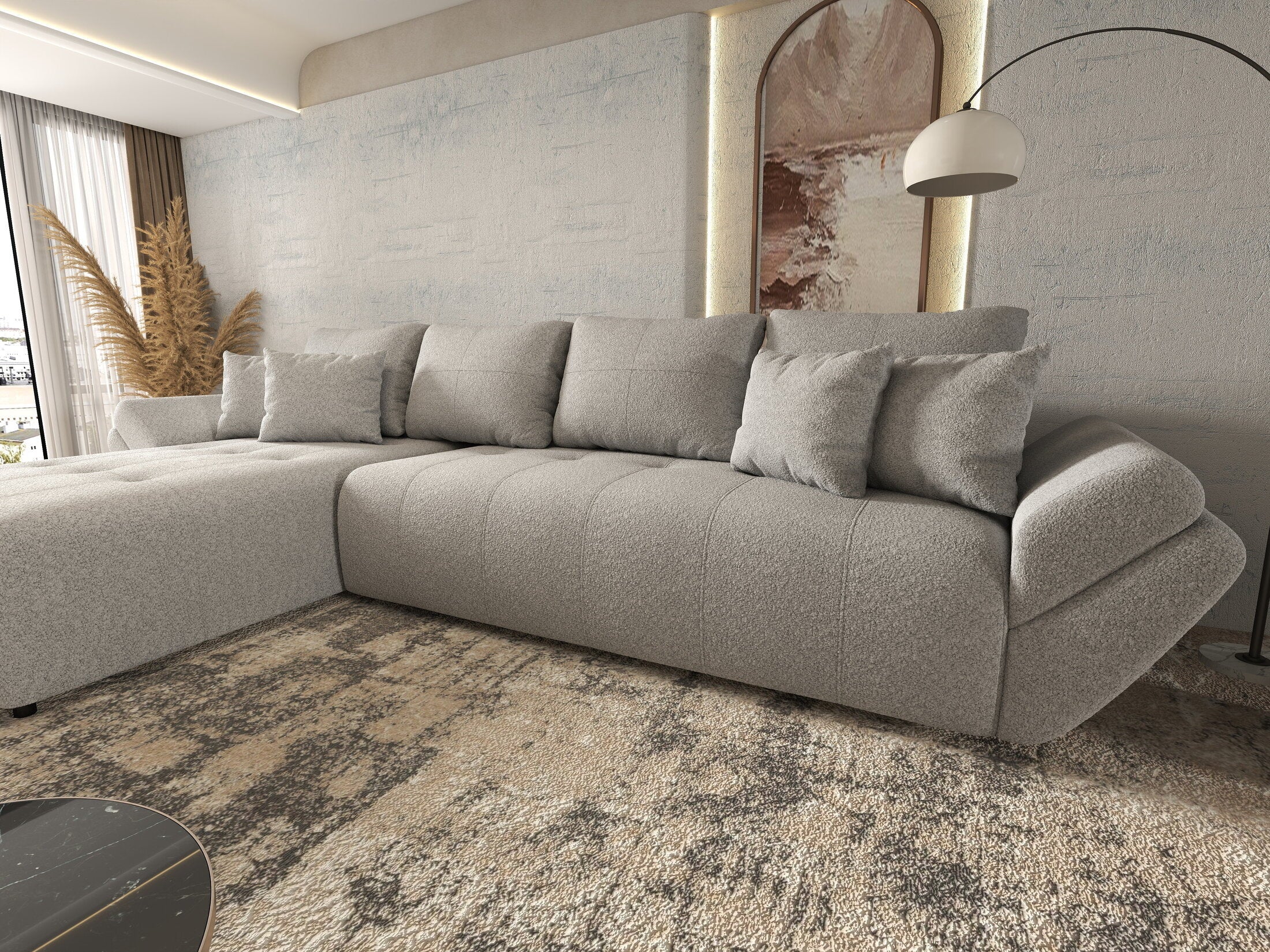 Colțar extensibil dumonde cu ladă de depozitare si sezut confortabil din spuma high-density, Berlin XL Euphoria Dove 350x185 cm