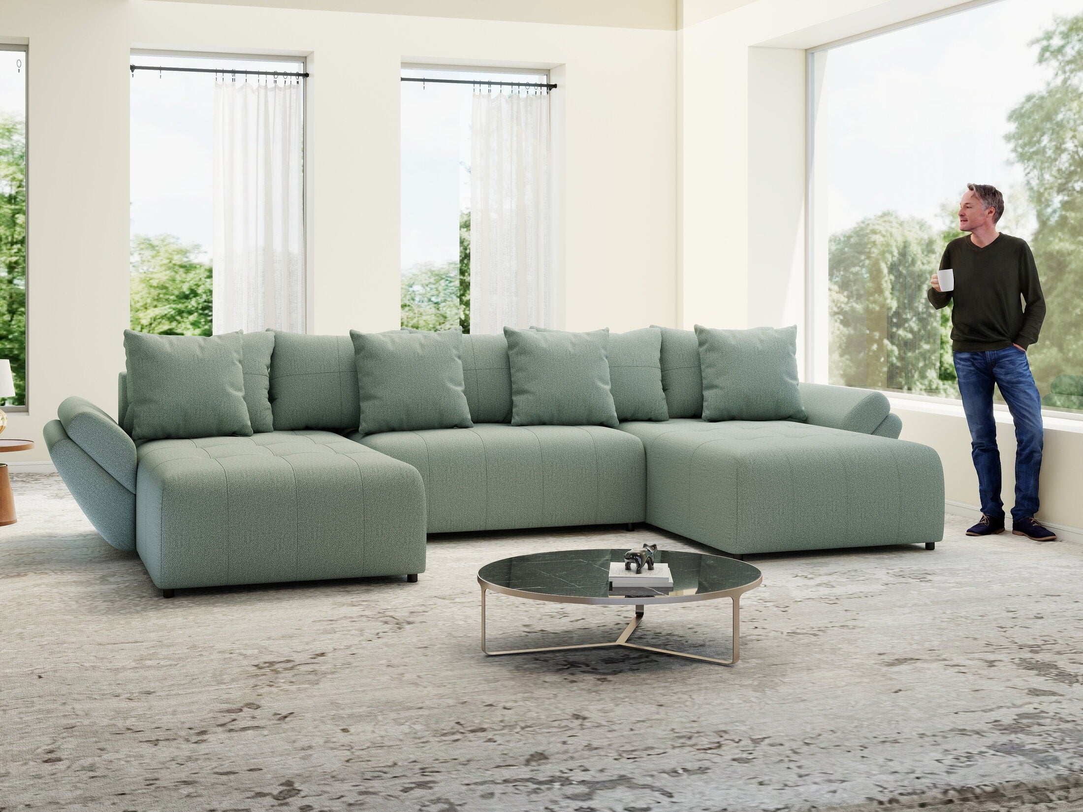 Colțar extensibil dumonde cu ladă de depozitare si sezut confortabil din spuma high-density, Berlin U Enjoy Mint 380x180 cm