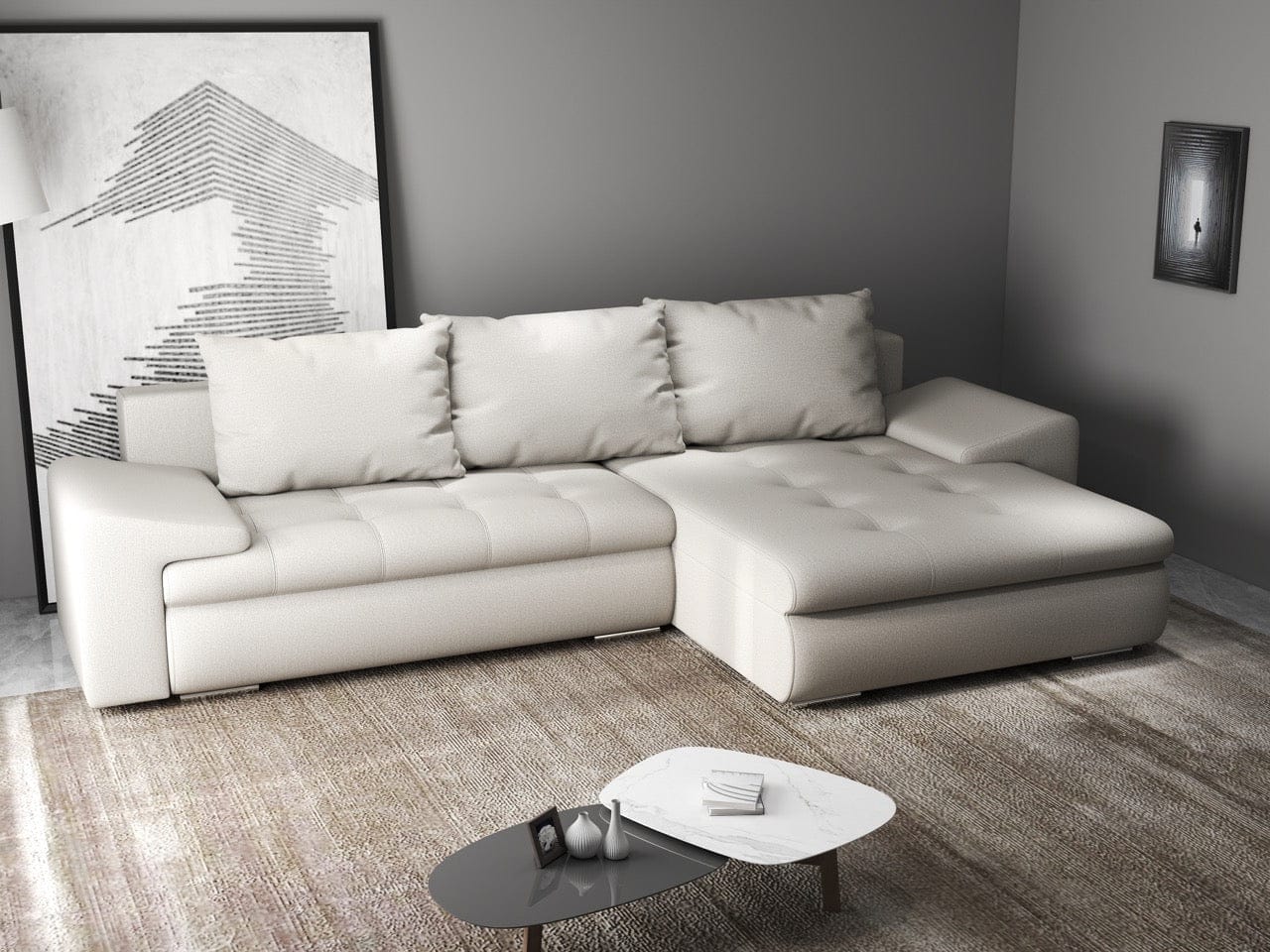 Colțar extensibil dumonde cu ladă de depozitare si sezut confortabil din spuma high-density, Leonardo Enjoy Bej 260x185 cm II