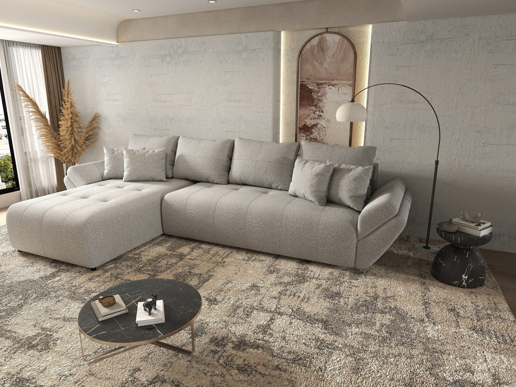 Colțar extensibil dumonde cu ladă de depozitare si sezut confortabil din spuma high-density, Berlin XL Euphoria Dove 350x185 cm