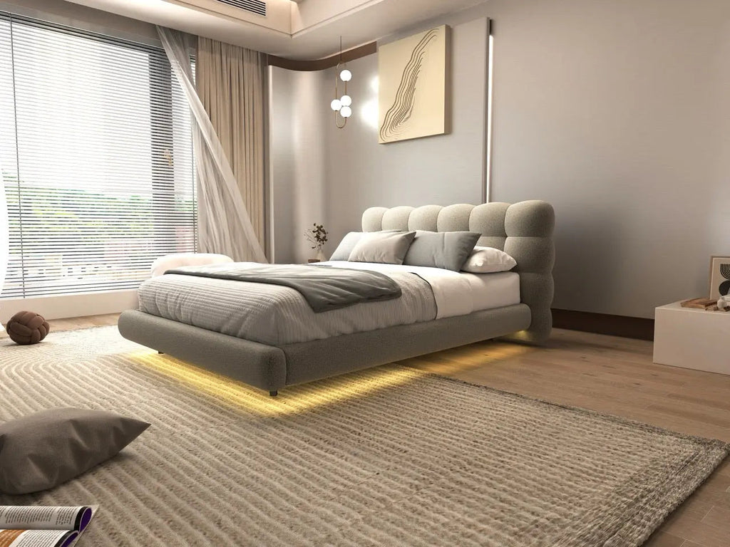 Pat dormitor dumonde, tapitat bej cu LED, "floating bed" Cloud 160x200 cm, somiera inclusa