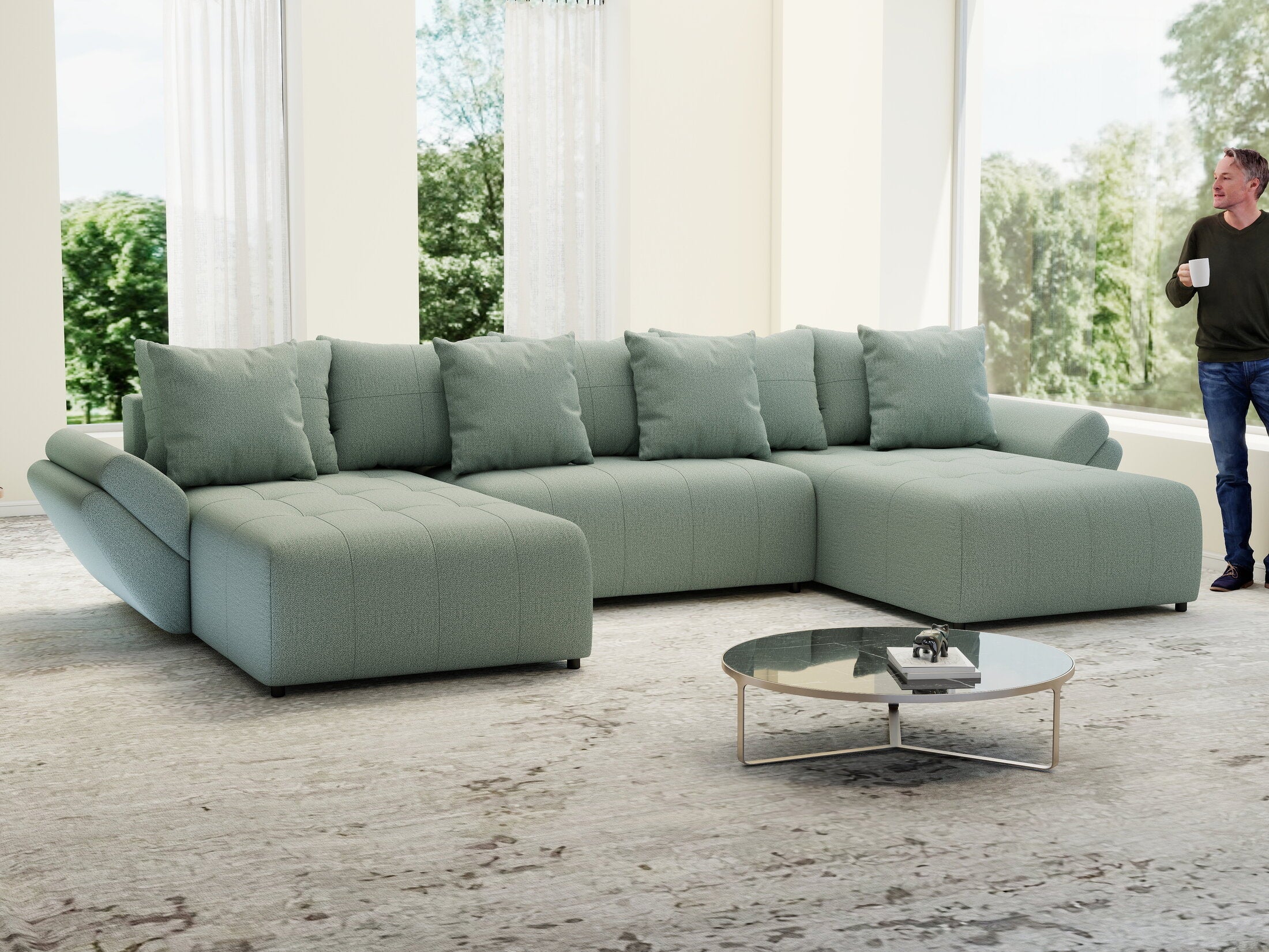 Colțar extensibil dumonde cu ladă de depozitare si sezut confortabil din spuma high-density, Berlin U Enjoy Mint 380x180 cm